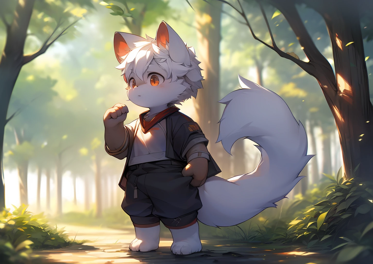 Libido boy，furry wolf，((Shota)), Black and white hair, Very good figure, Handsome，adolable, Light：Extreme light and shadow, Reflective skin,Reddish skin，((worn-out clothing，Commoner)) ，((Deep in the forest，Stone path，Signs，独奏，solo person))，Outdoor sunset，((the detail))，（depth of fields），standing on your feet