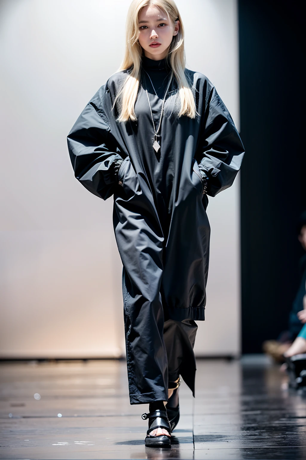 (Detailed Full Body RAW Pictures of Women: 1.5), ((masutepiece, of the highest quality, High Definition)), 1 girl, (Photorealistic: 1.4), Solo, Pure white background, Avant-garde makeup, (Geometric medium hair, Black and blonde hair colors: 1.4),(Modest fashion, Winter fashion, Vogue style, Yohji Yamamoto: 1.2)