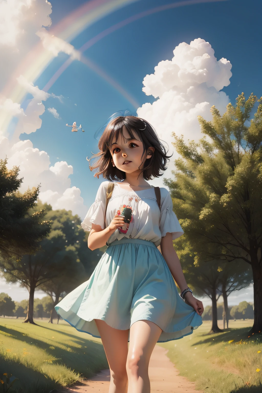 Curious, she decided to go and say hello. As she approached, she saw four adorable little cloud fairies giggling and playing together. rainbow in the sky, cartoon