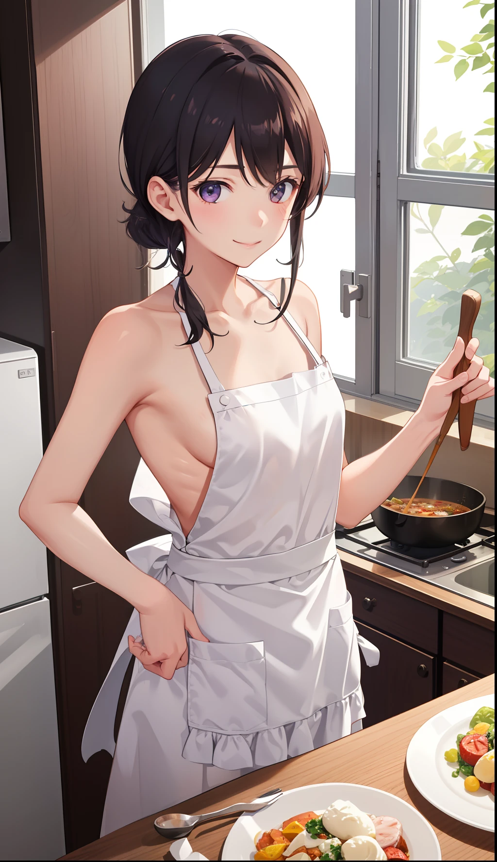 1girl in、A smile、Cooking in your room、barechested、Wearing only an apron、((small tits))、