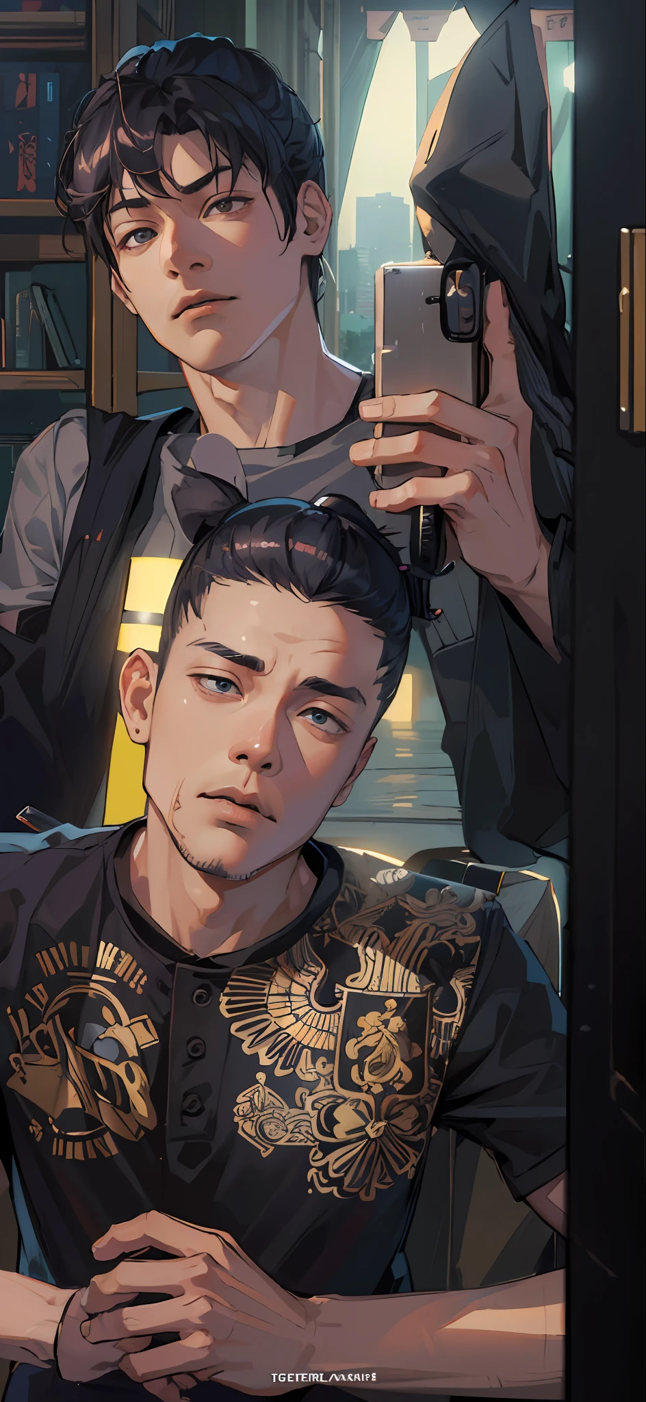 (absurdres, highres, ultra detailed, HDR), masterpiece, best quality, hayakawa aki, 1boy, solo, handsome, topknot, thin and slender, open shirt, pants, ((intricate katana)), city,