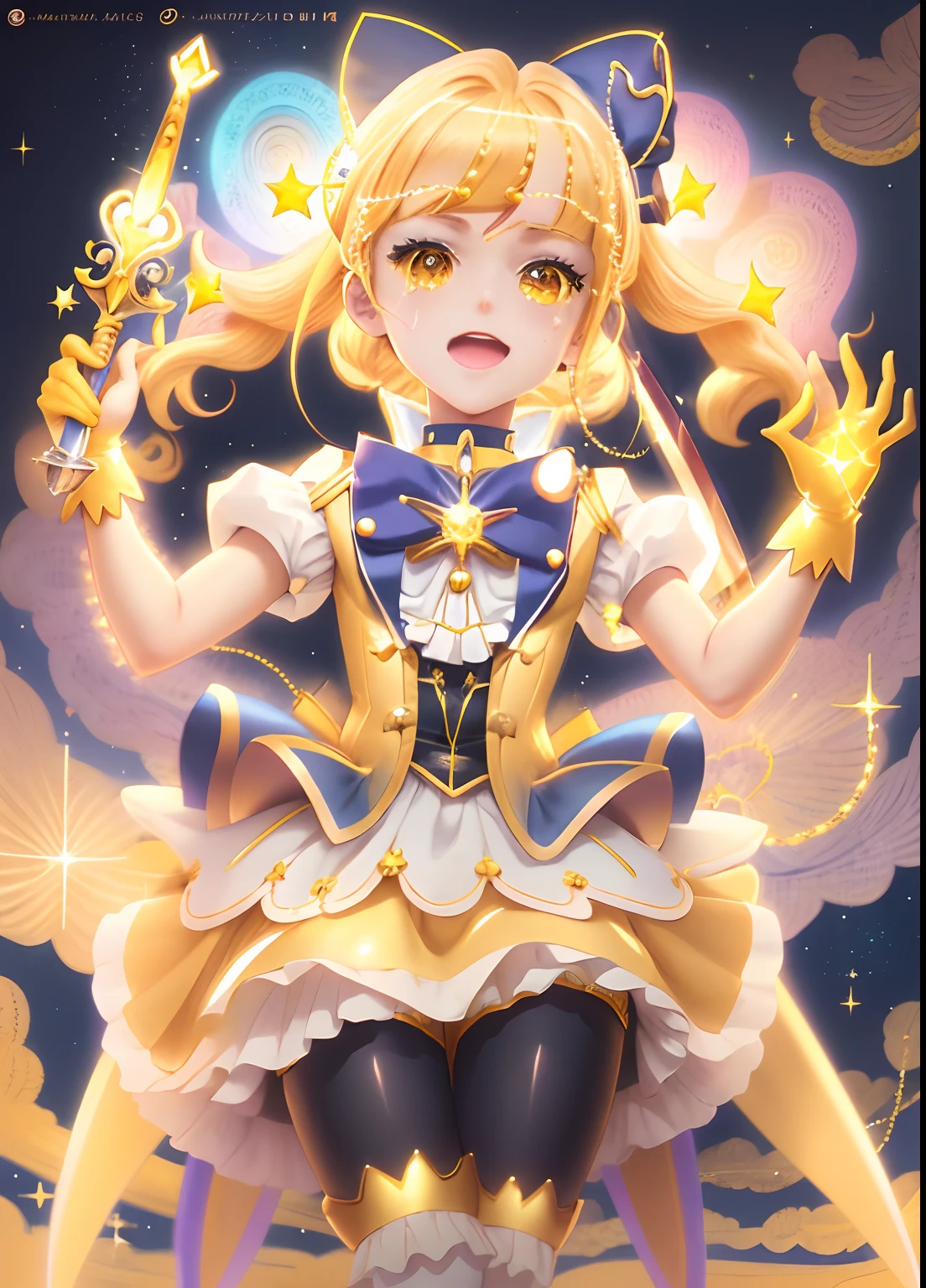 Sailor boy in sword and yellow dress, Portrait of a magical boy, Sparkling Magical Boy, official artwork, Official art, Magical Boy, Cool, Magical Boy Anime Mahou Shōnen, Magical Boy Style, Long blonde boy, marin kitagawa fanart, Black Knee High Socks, cutecore clowncore, !!Full body portrait!!