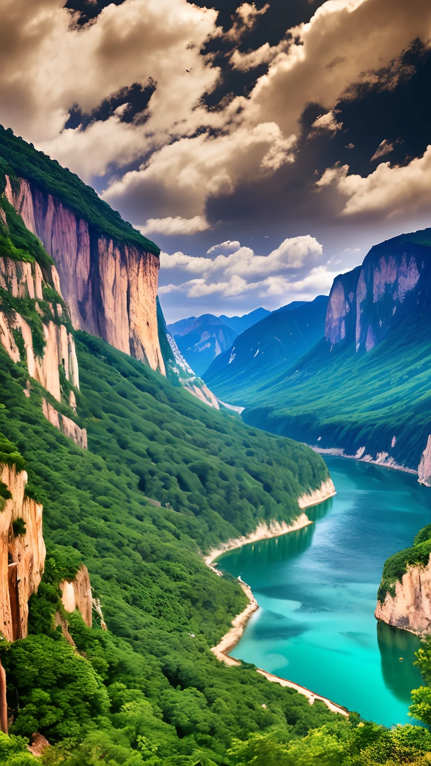 Masterpiece, ultimate quality, Cg unity 8k wallpaper, super delicate, beautiful sky and clouds, rich natural scenery, cliffs, lakes and rivers, waterfalls and flying water, beautiful green mountains, no trace of people, excellent scenery, has already won a photo contest, background Blurring, full depth of field, HDR high dynamics, true restoration, intricate, extreme details, dramatic presentation, perfectly presenting the style of midjourney art.