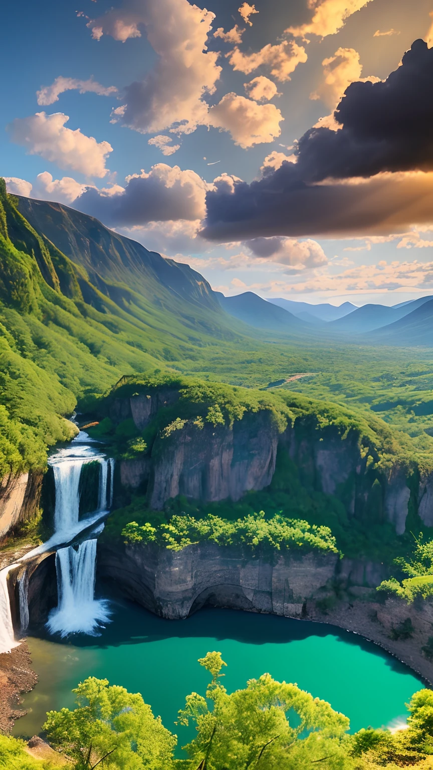 Masterpiece, ultimate quality, Cg unity 8k wallpaper, super delicate, beautiful sky and clouds, rich natural scenery, cliffs, lakes and rivers, waterfalls and flying water, beautiful green mountains, no trace of people, excellent scenery, has already won a photo contest, background Blurring, full depth of field, HDR high dynamics, true restoration, intricate, extreme details, dramatic presentation, perfectly presenting the style of midjourney art.