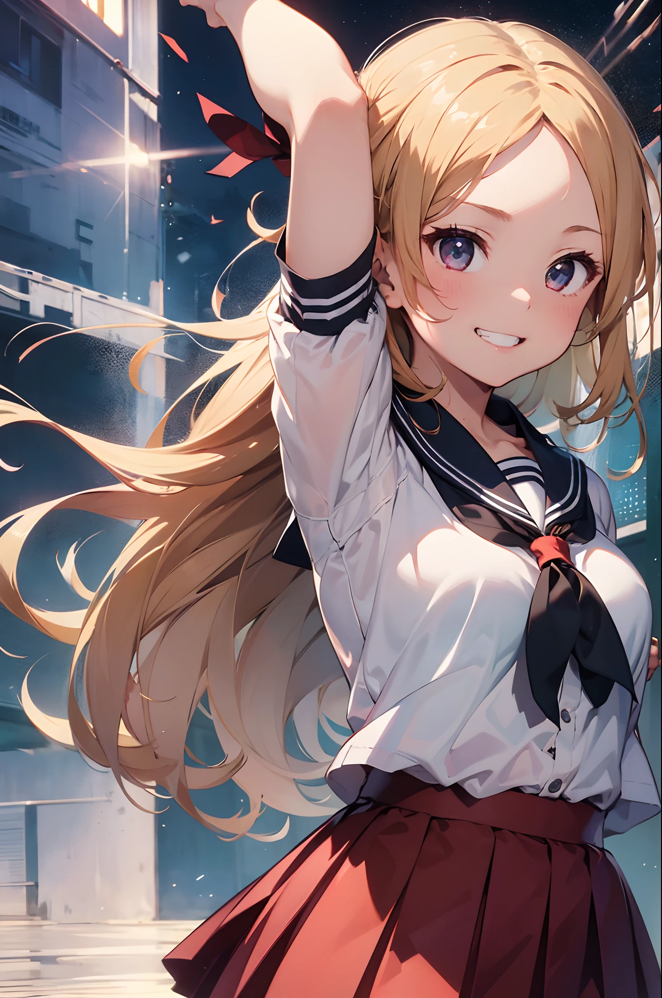 (8K, Raw photography, top-quality, masterpiece:1.2), 1girl in, 3 d, a blond、The long-haired、posterior view、Japan short-sleeved sailor suit、Asian, No bangs、(Bring out your forehead:1.2), School route、(Skirt swaying in strong wind:1.2)、A smile、Turned、dynamic motion