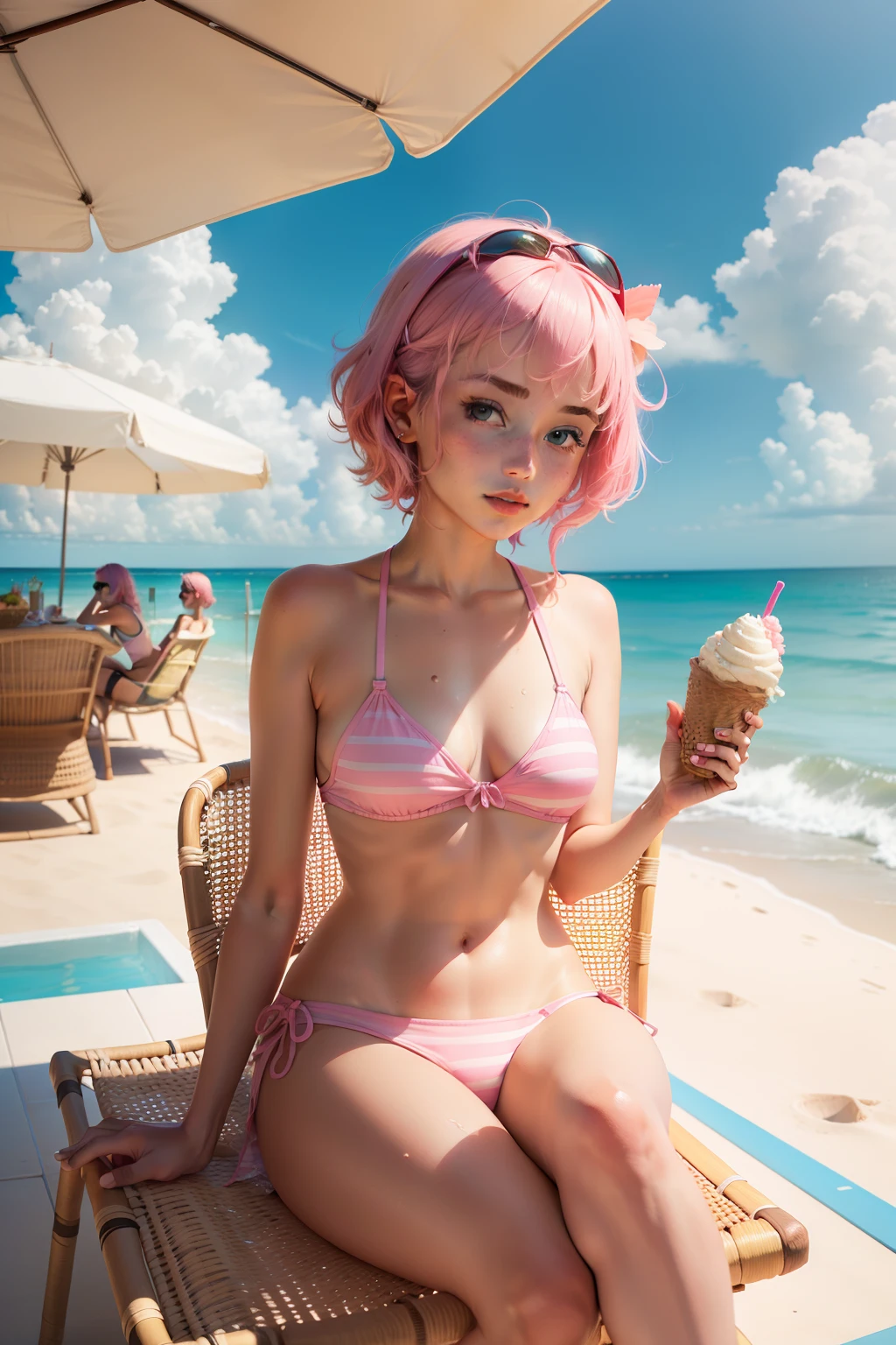 Soak up the sun by the sea，wear a swimsuiti，with fair skin，Girl with pink hair，Sit on a rattan chair and eat ice cream