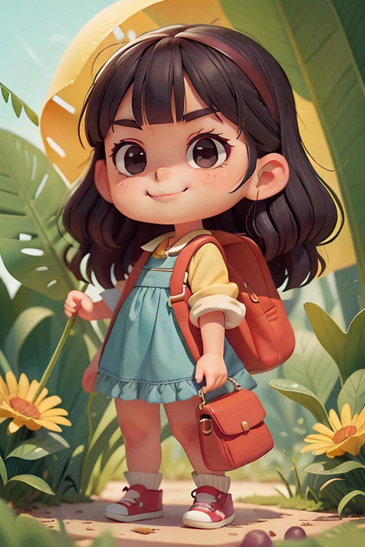 Children's art graphic novel, Very cute, Caricature, Wear a long sun-covered colored poncho,With plant pin, determined expression, Furrowed eyebrows, confident smile, and a slightly raised nose, ready for action. She has long black hair,By bangs,Buccal nevi, Black eyes and cheerful smile. The SHe was carrying a bag with some gadgets. Soft atmospheric lighting, A warm and inviting color palette. Whole body