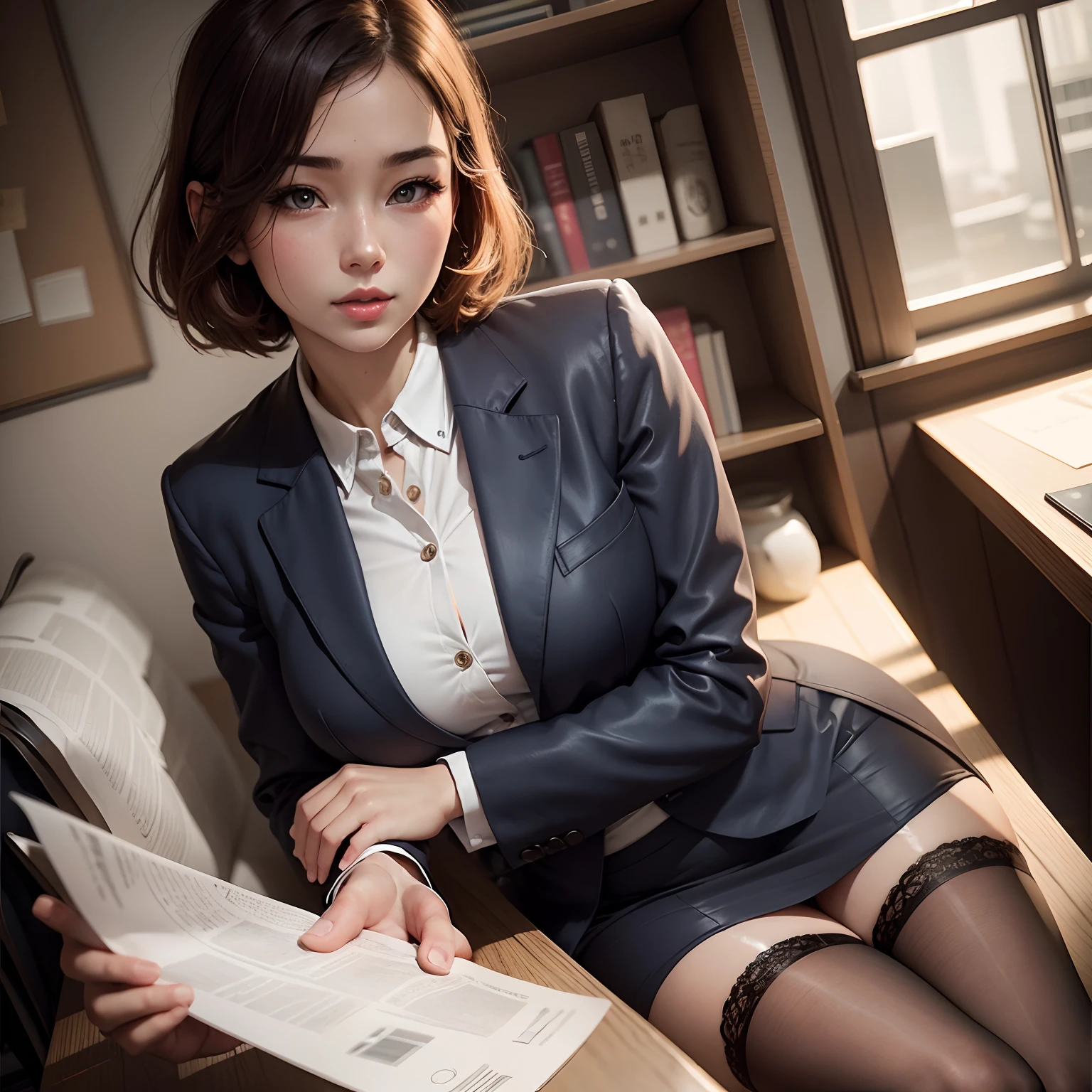 British woman、20yr old、Human skin feel、Realistic Woman、OL、Stockings、Wear a suit、ty、s Office、Solo Shot、short-cut、Kiss Face