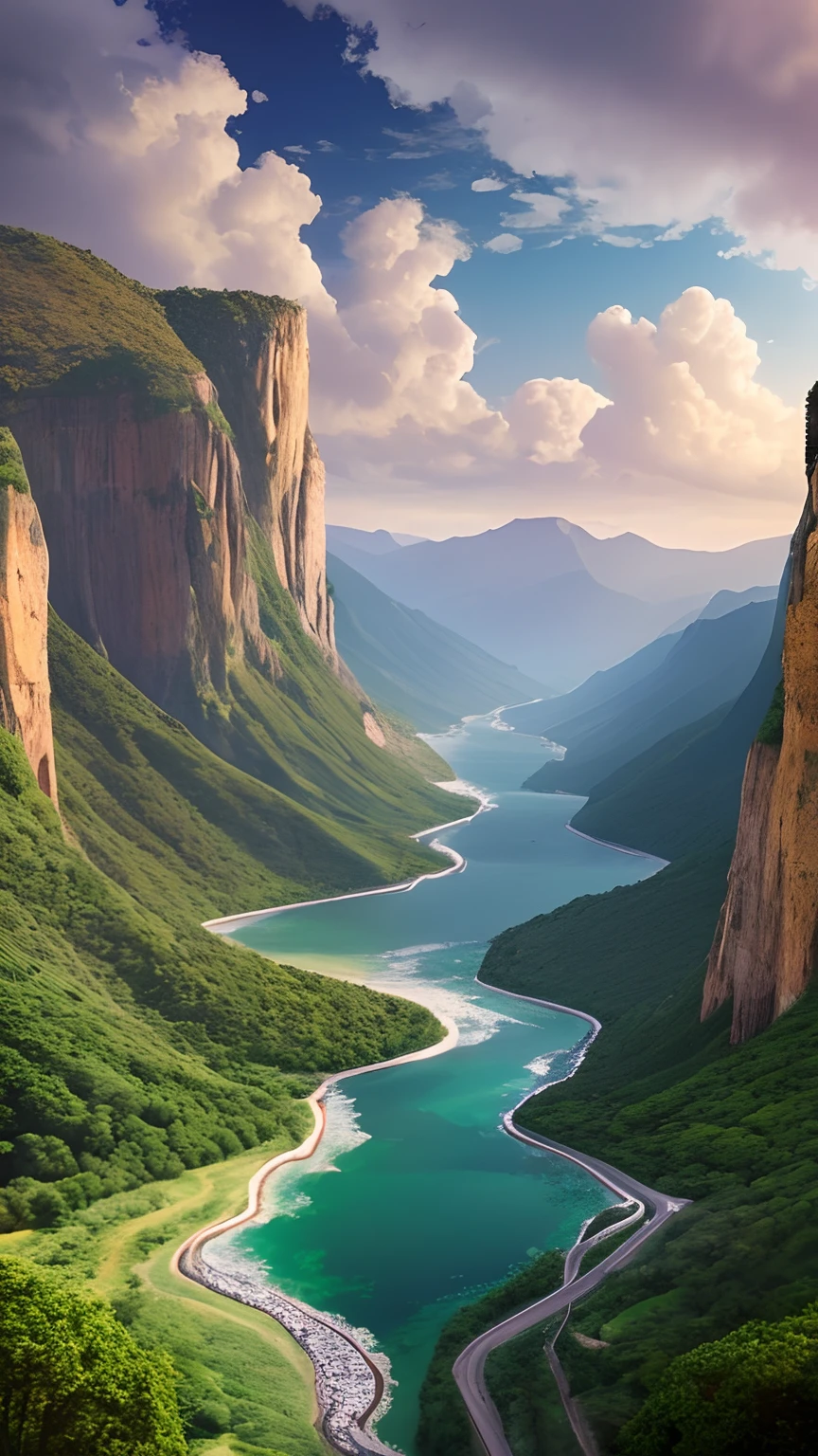 Masterpiece, ultimate quality, Cg unity 8k wallpaper, super delicate, beautiful sky and clouds, rich natural scenery, cliffs, lakes and rivers, waterfalls and flying water, beautiful green mountains, no trace of people, excellent scenery, has already won a photo contest, background Blurring, full depth of field, HDR high dynamics, true restoration, intricate, extreme details, dramatic presentation, perfectly presenting the style of midjourney art.