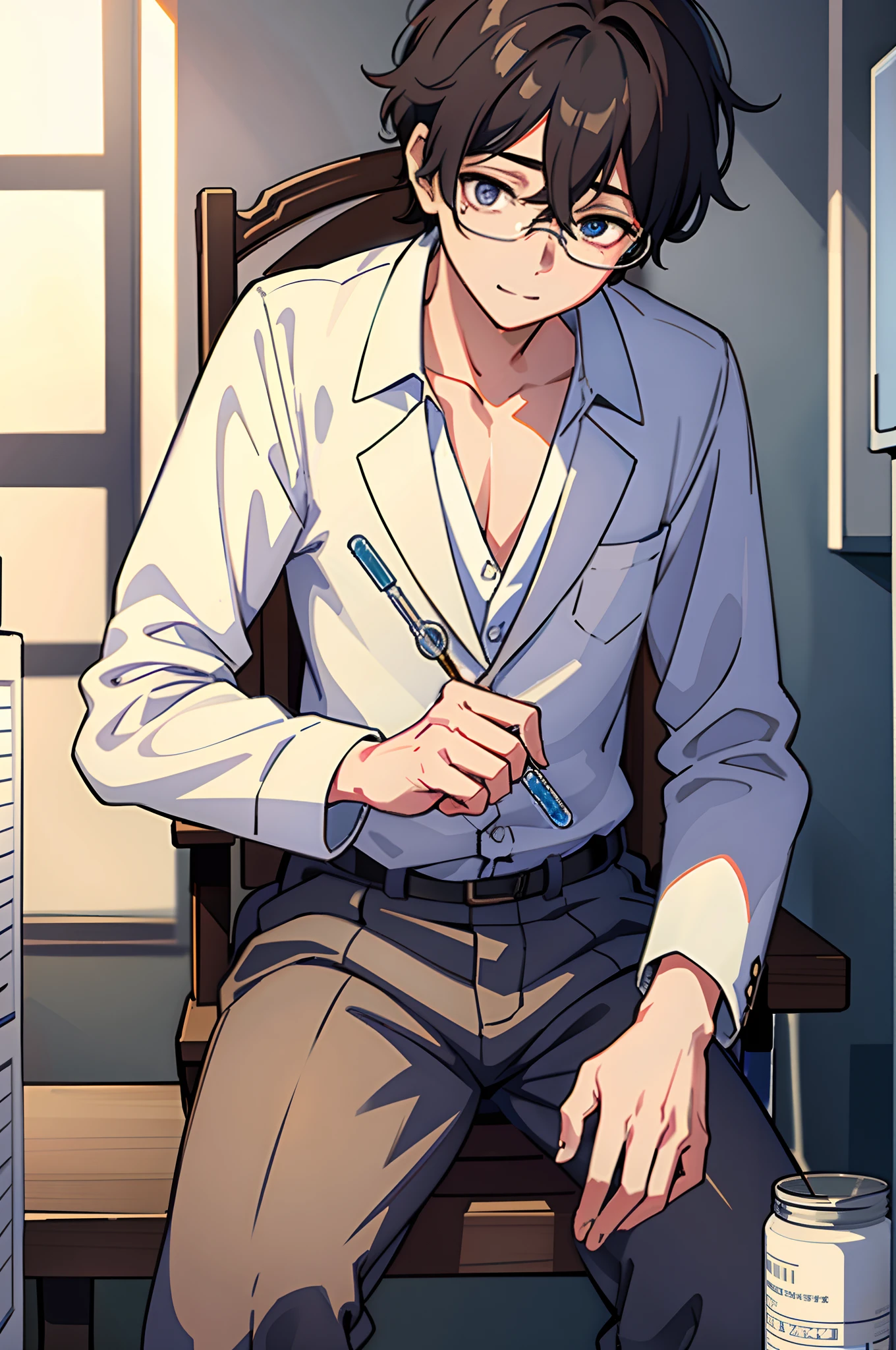 boy ，tmasterpiece，best qualtiy，1 male， CG unified 8K wallpaper，Laboratory Background，Mad scientist，eye glass，test tubes，chai，sit on chair，evilsmile，depth of fields