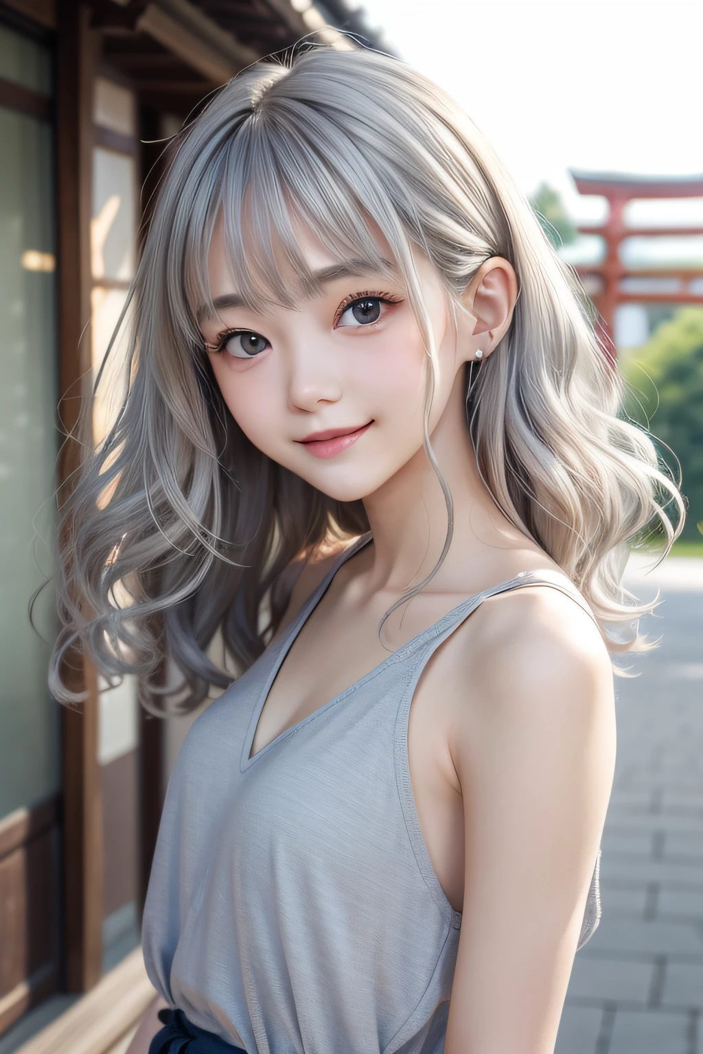 studio lights、depth of fields、The upper part of the body、A slender、cute face、a smile、beautidful eyes、Japan 19 years old、cute little、voluminous curls of warm silver color,、plaza、rcasual
