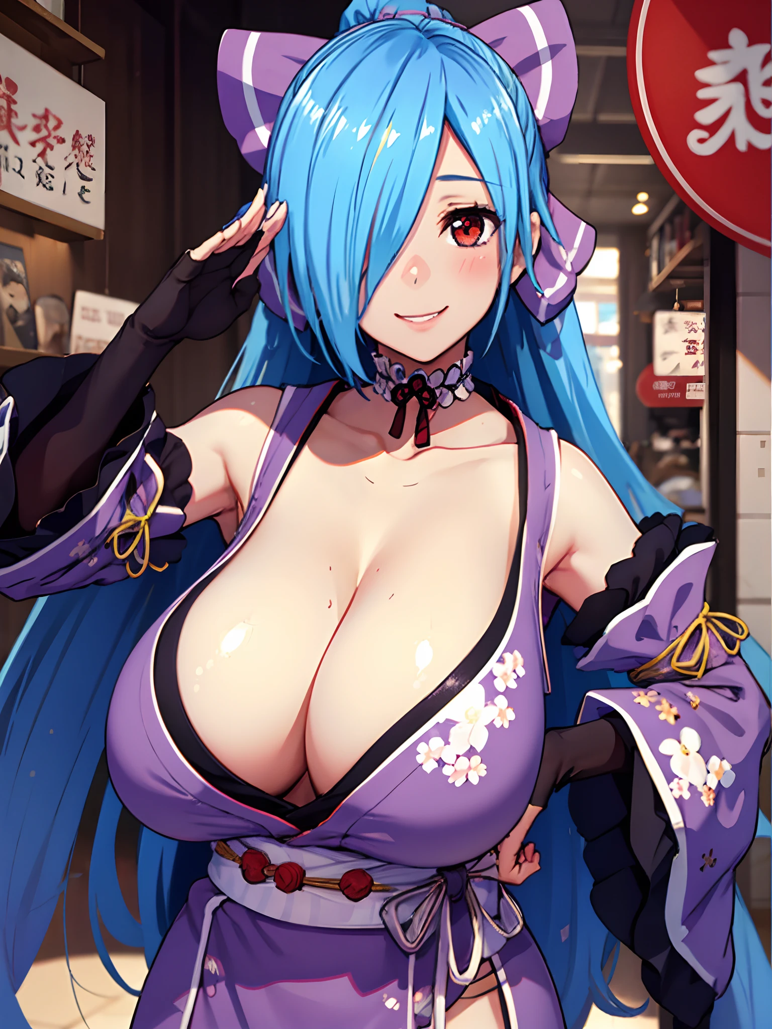 1girl, solo, masterpiece, best quality, official, detailed face, face focus, mature women, milf, happy smile, chubby, huge breasts, hanging breasts, gigantic breasts, cleavage, (salute, hand on hip), BREAK yamato iori, hair over one eye, blue hair, red eyes, ponytail, very long hair, har bow, fingerless gloves, japanese clothes, detached sleeves, looking at viewer, black gloves,