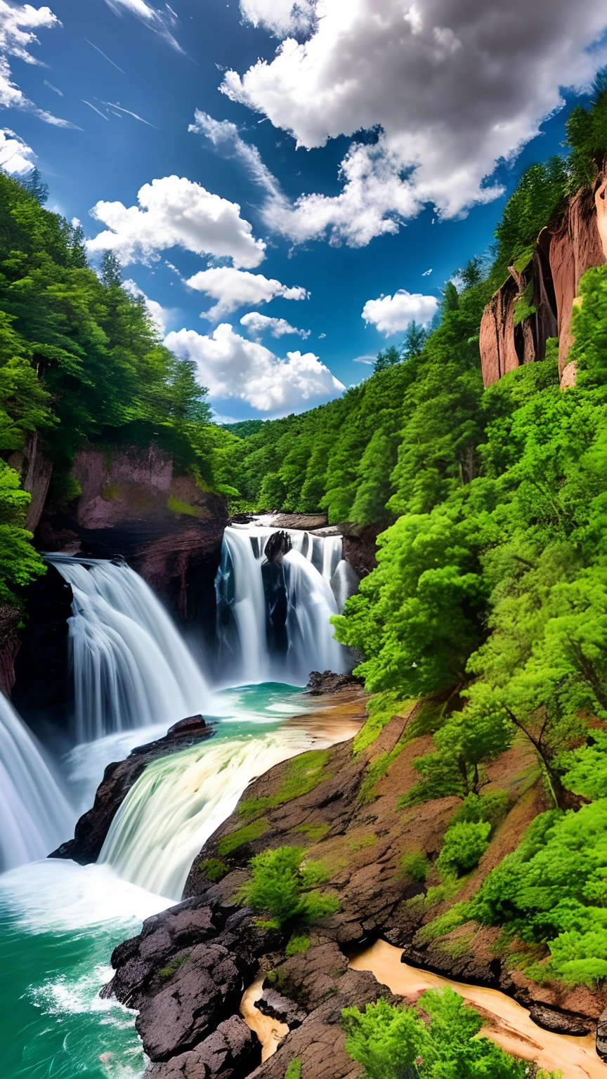 Masterpiece, ultimate quality, Cg unity 8k wallpaper, super delicate, beautiful sky and clouds, rich natural scenery, cliffs, lakes and rivers, waterfalls and flying water, beautiful green mountains, no trace of people, excellent scenery, has already won a photo contest, background Blurring, full depth of field, HDR high dynamics, true restoration, intricate, extreme details, dramatic presentation, perfectly presenting the style of midjourney art.