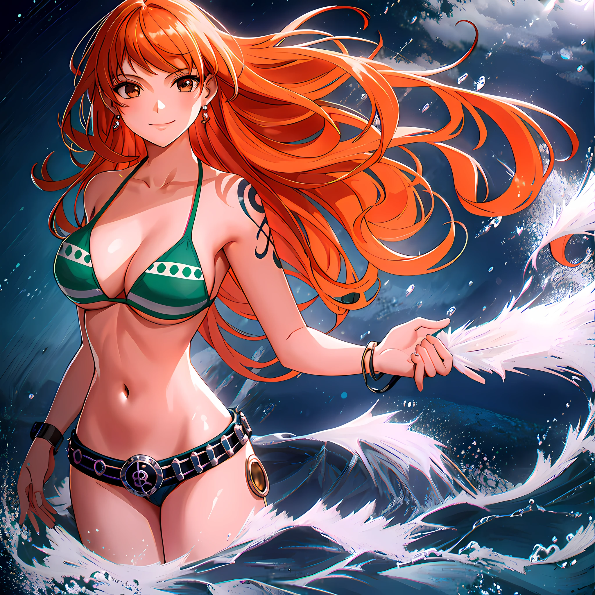 detailed background, masterpiece, best quality, 1girl, solo, nami \(one piece\), 1girl, bangle, bangs, bare shoulders, belt, bikini, bikini top only, blue sky, bracelet, breasts, brown eyes, bubble, cleavage, cloud, cowboy shot, day, denim, earrings, floating hair, green belt, green bikini, groin, jeans, jewelry, large breasts, log pose, long hair, looking at viewer, navel, orange hair, pants, shoulder tattoo, sidelocks, sky, smile, solo, standing, stomach, swimsuit, tattoo , looking at viewer,large breasts detailed body, with sexy look, transperant clothes