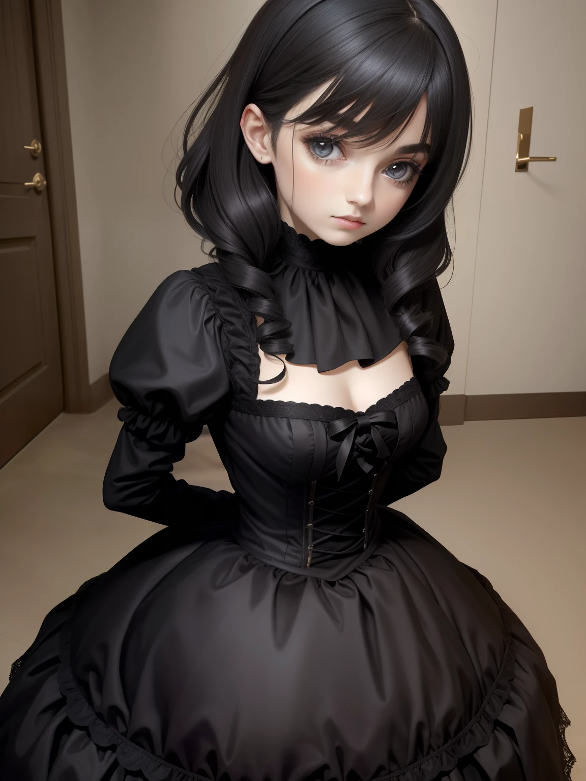 （（tmasterpiece））， （best qualtiy）， （absurderes）， （Photorealsitic：1.4）， Gamine， small， small， being thin， Black hair，， Black gothic dress， ， （gray colored skin）， hair over eye， Eyes covered， adolable，Lori huge breasts cleavage