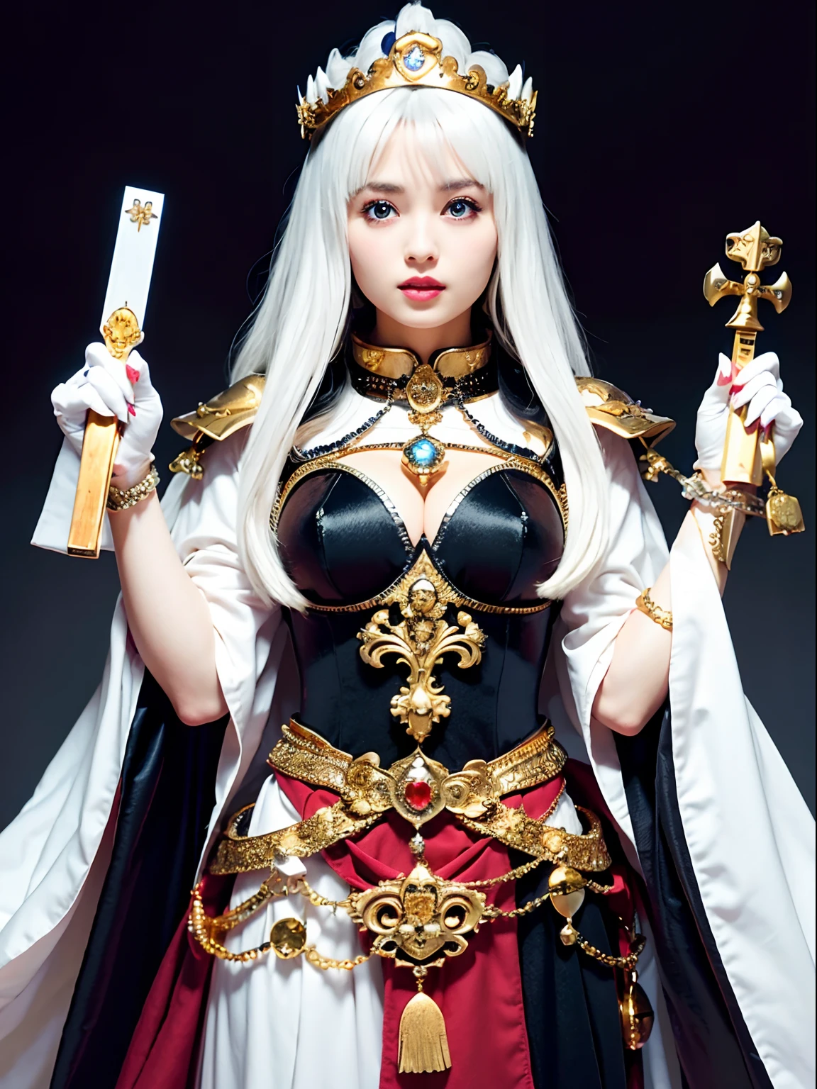 (masutepiece), Professional , masterpiece、top-quality、photos realistic , depth of fields (Gemstone Silver Metal Body:1.9),(Matte White、Jewel Gold Weapon(Jewel Metal Body:1.4),Gorgeous metal weapons , Detailed Sword of the Brave , Beautiful knife ,warhammer 40k , adepta sororitas,(Army of monsters background),Detail and ornate jewel crown、Black hair、Gangle's forest background、Beautiful Caucasian beauty、1a person、dynamic ungle,(((Detailed and ornate diamond crown)))、Smaller head、A smile、Take a sexy pose、Background inside the castle、Thin and beautiful female hands、
