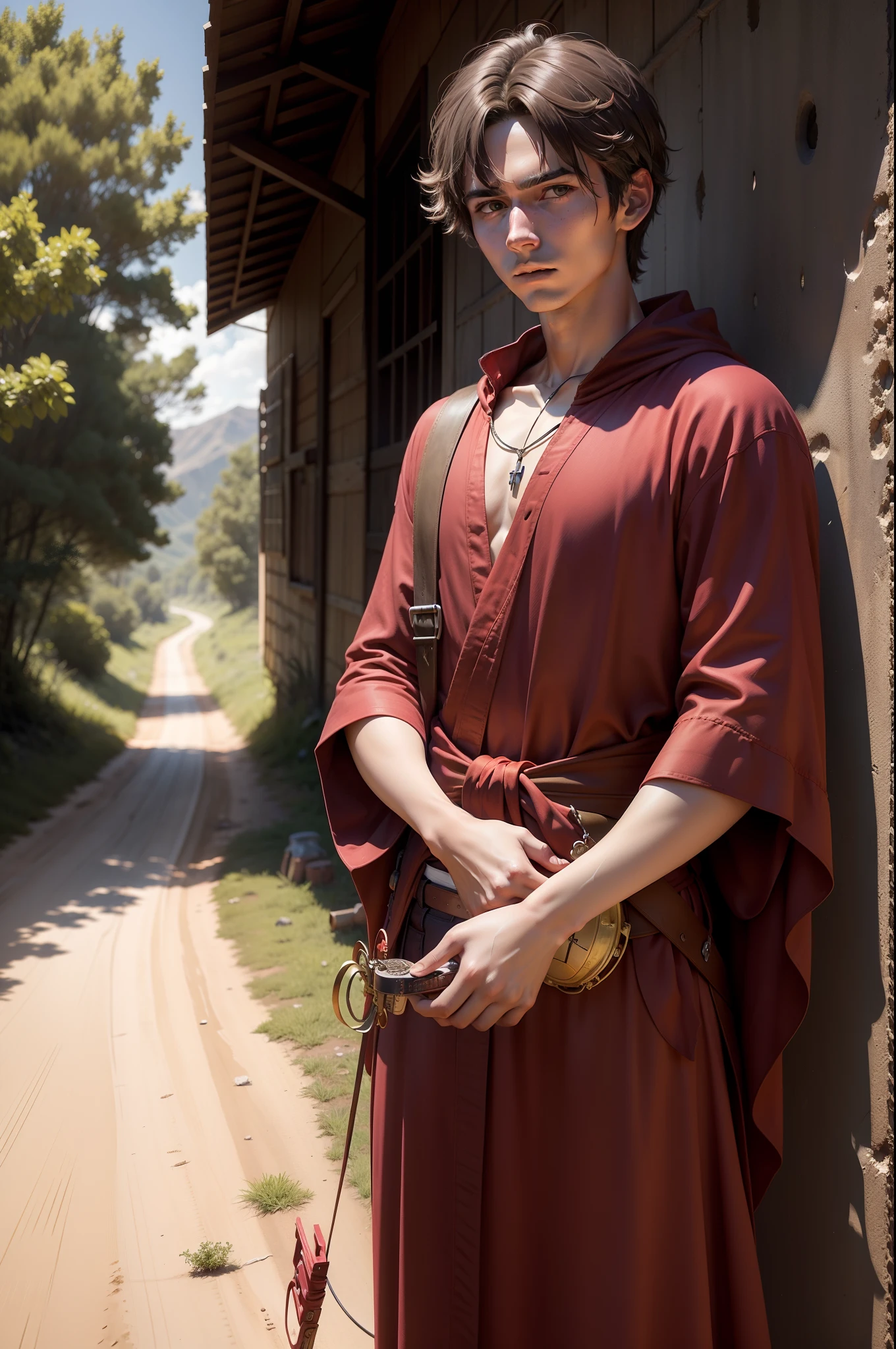 Huge dirt road side in the middle of nowhere,There was a twenty-year-old young man in red robes,A small crossbow is pinned to his waist,Gently tapping a small red tambourine