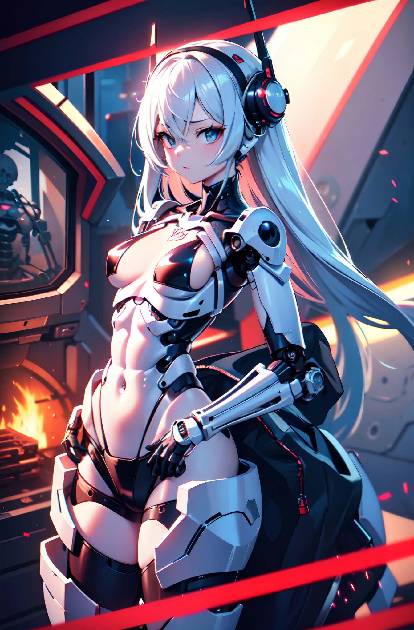 (bare chest and navel), robot, masterpiece face, masterpiece eyes, (feminine machine body), (machine joints, Mechanical skelton and Artificial muscle:1.3), mechanical skin, machine flanks, (Machine internal structure exposure:1.2), (red long hair), (mechanical bikini armor:), cowboy_shot, side focus, shiny, (cyber tech punk mask), cyber punk, Masterpiece, best quality, captures a super cute moment, depth of field, ultra detailed, ultra high resolution, C4D, Octadale, 3D modeling, 8k, 16k,