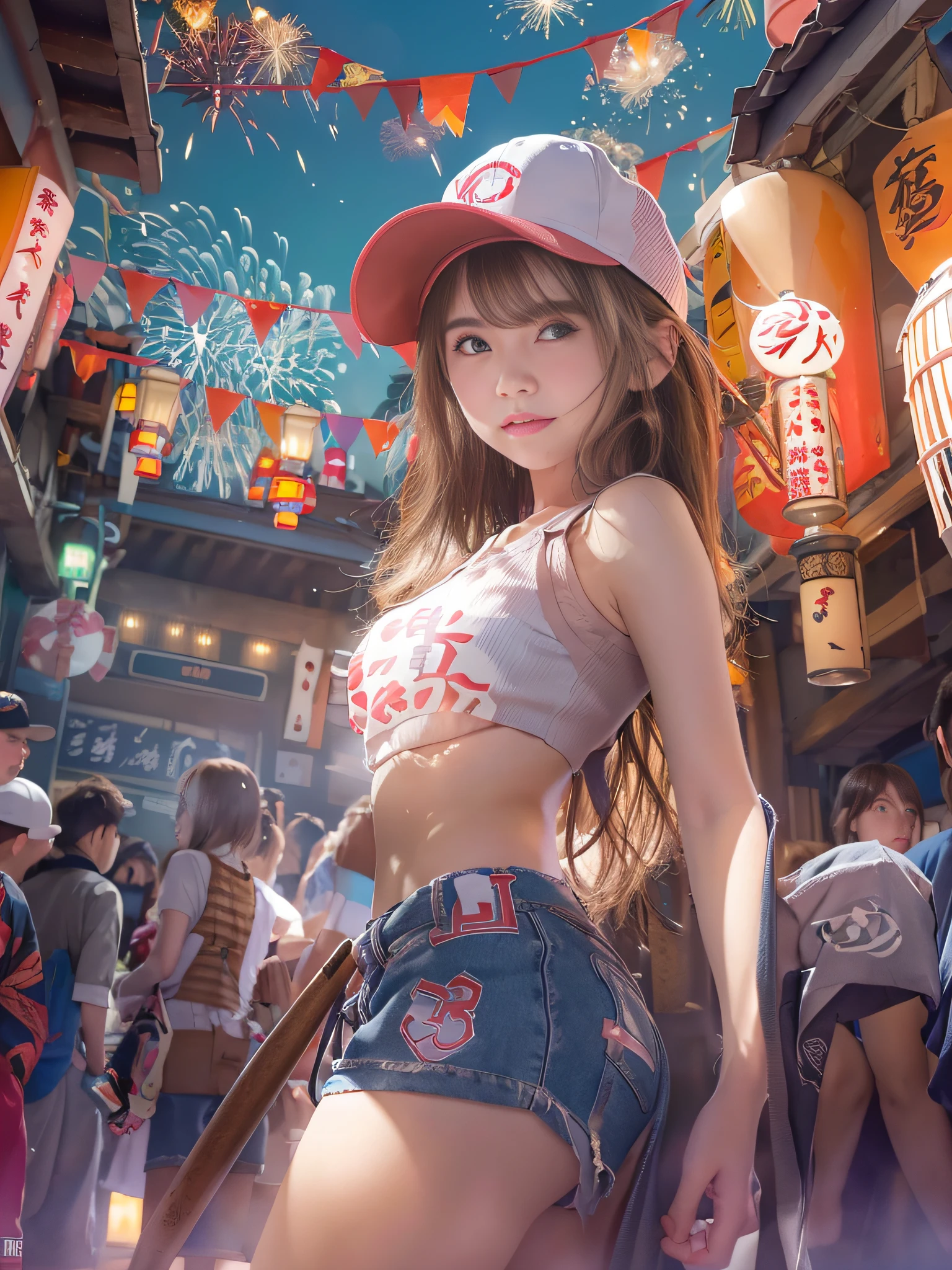 top-quality、​masterpiece、超A high resolution、(Photorealsitic:1.4)、Raw photo、Detailed CG image quality、(Fireworks Festival:1.4)、Beautiful fece、1girl in、japanes、27yo、(blue eyess:1.2)、pink lipsticks、laugh face、(Brown hair:1.4)、skin tanned、(Baseball Cap:1.4)、(Cropped tank top:1.4)、(The underbust is visible:1.4)、(Low-rise shorts:1.2)、Large bust、cleavage of the breast、detailed portrait、8K picture quality、concept-art、Cinematic and dramatic atmosphere、(Shrine of Japan:1.2)、(Japan red and white lanterns:1.2)、Wind chimes、(Festival flag,)、Paper decoration、foco nítido、Volumetric lighting、Cinematographic lighting、Colorful neon lighting、depth of fields、Ambient lighting、Blurred foreground、blurry backround:1.3、portlate