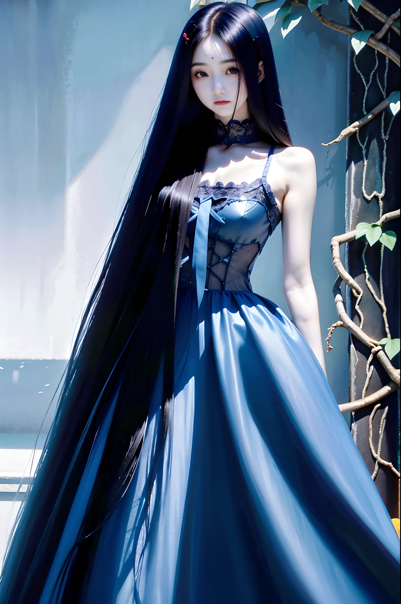 Long-haired beauty in the shade, Plants surround you,Wearing a dark blue lace dress