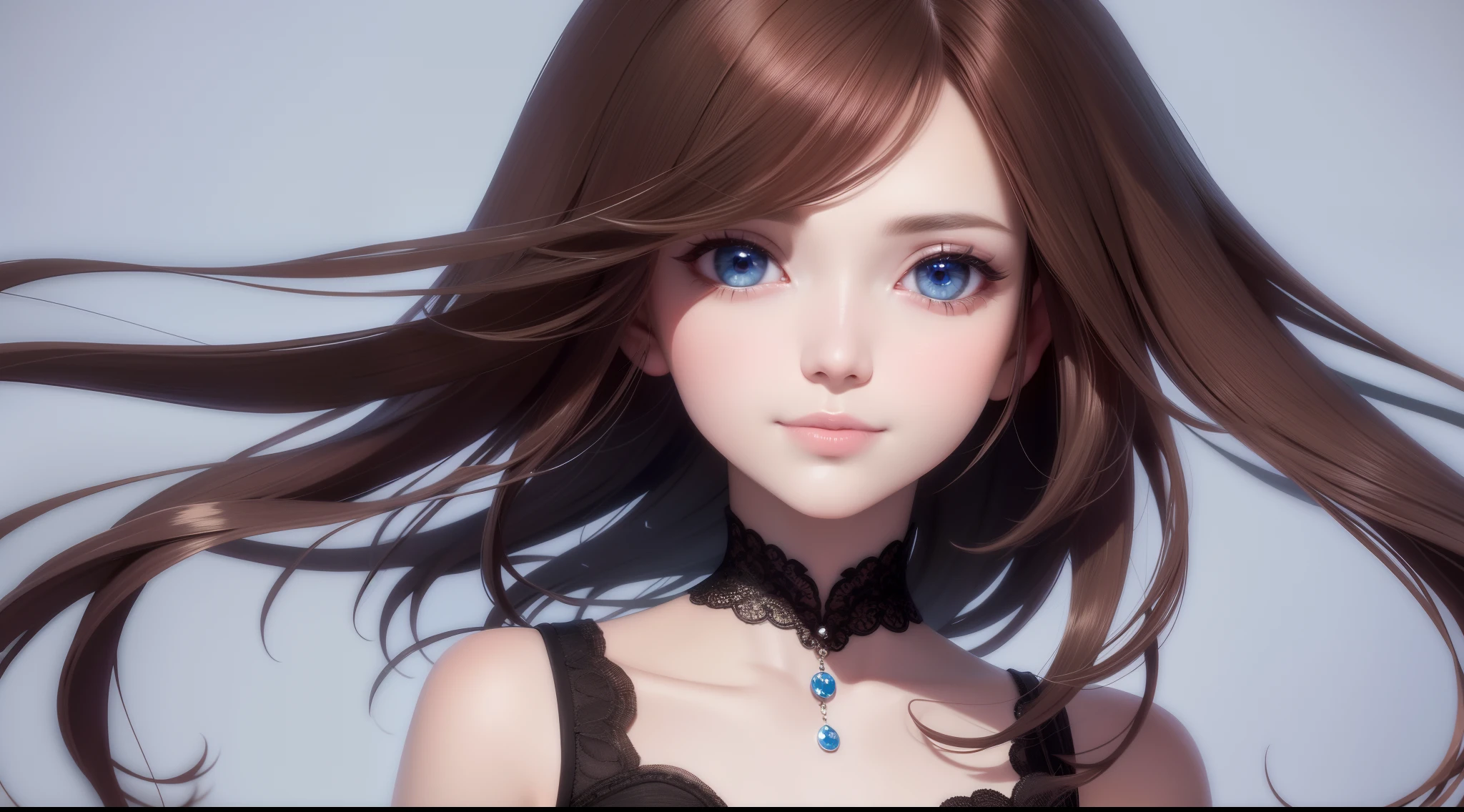 Best quality, tmasterpiece, brunette color hair, blueneyes, head looking up, The upper part of the body,Youtube cover,wallpaper hd,8K,Listen to music with headphones。Smile sweetly