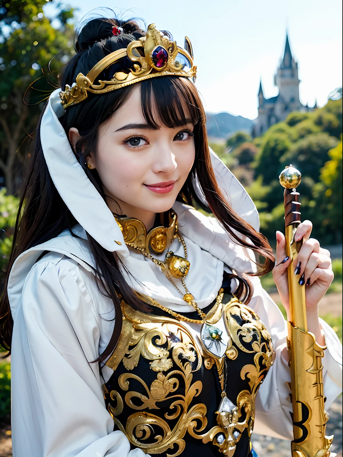(masutepiece), Professional , ​masterpiece、top-quality、photos realistic , depth of fields （Gemstone Silver Metal Body:1.９),(Matte White、Jewel Gold Weapon（Jewel Metal Body:1.４),Gorgeous metal weapons , Detailed Sword of the Brave , Beautiful knife   ,warhammer 40k , adepta sororitas,(Army of monsters background),Detail and ornate jewel crown、Black hair、Gangle's forest background、Beautiful Caucasian beauty、１a person、dynamic ungle,(((Detailed and ornate diamond crown)))、Smaller head、A smile、Take a sexy pose、Background inside the castle、Thin and beautiful female hands、