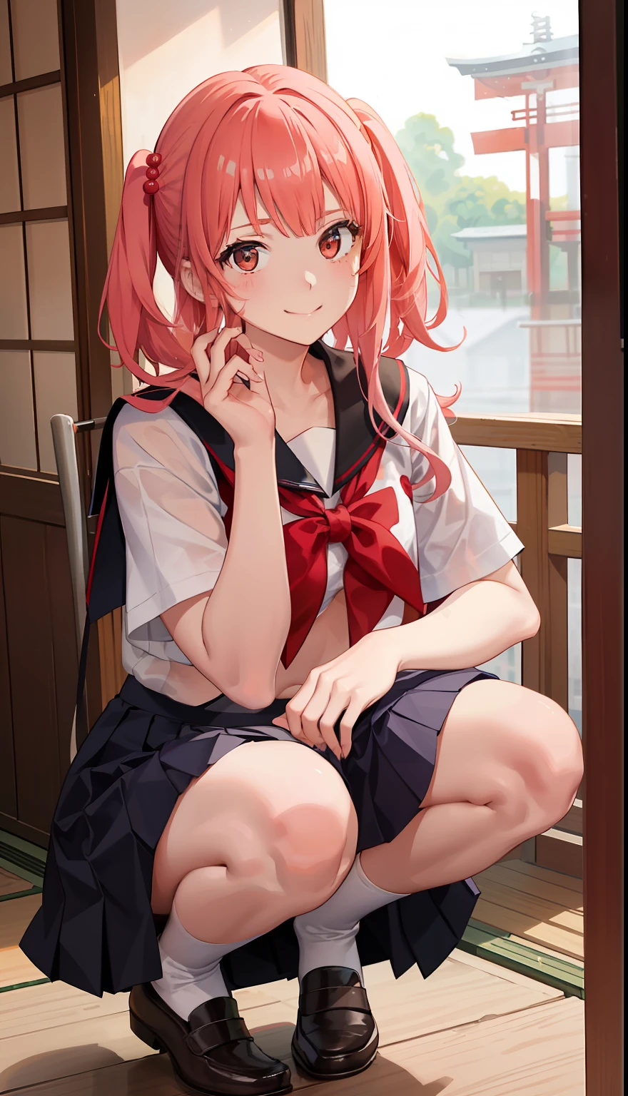 1girl in、A smile、The shirt、skirt by the、(small tits)Chilarism、Japan High School Student Uniform、serafuku、summer clothing、Squall Drenched Uniform、(Sheer Bra)、Upper body portrait、Squatting panchira、