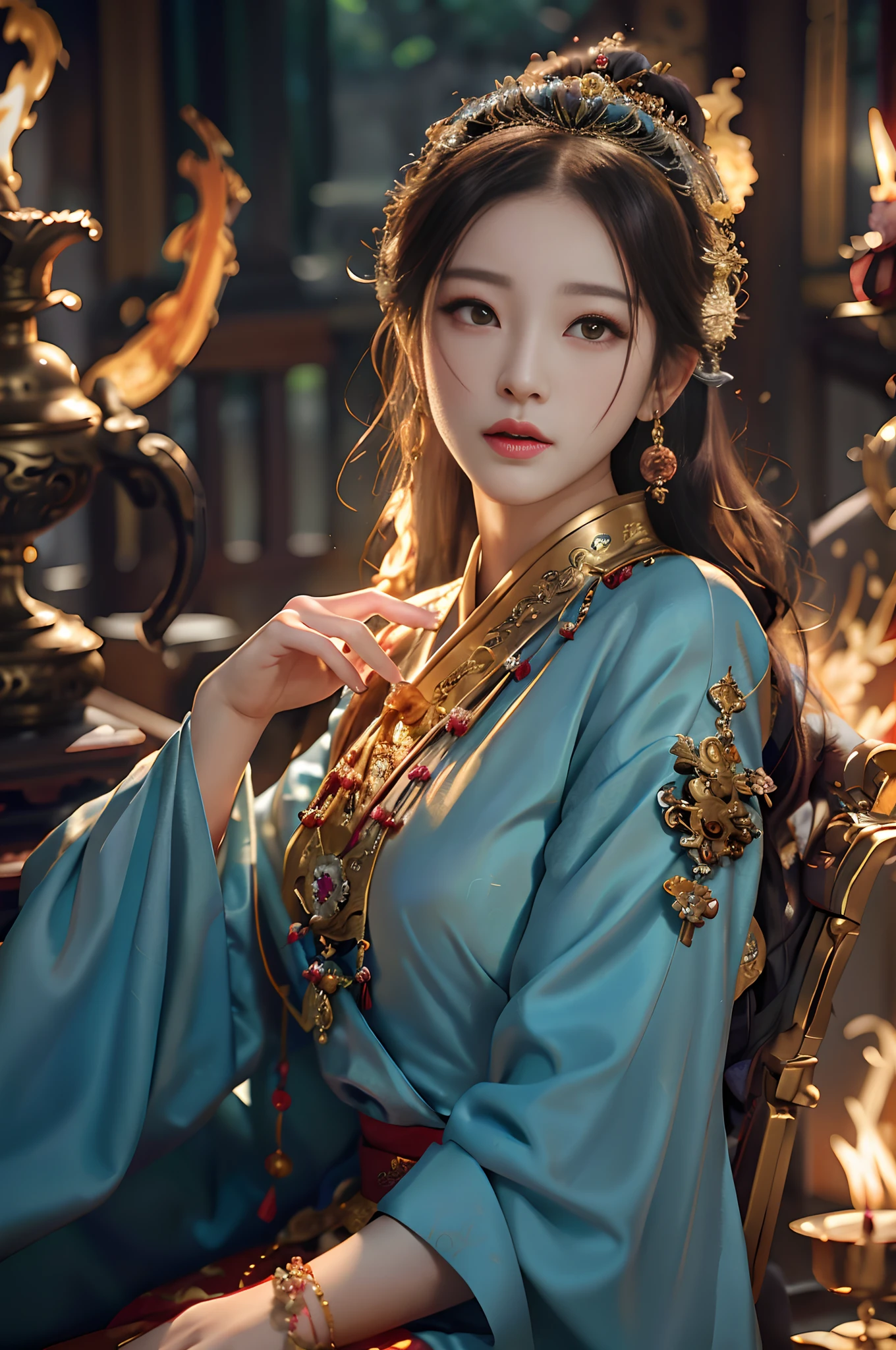 An Araki woman in a blue dress sits in a chair,Wearing a gold necklace, Palace , A girl in Hanfu, a beautiful fantasy empress, ((a beautiful fantasy empress)), Wearing ancient Chinese clothes, author:Zhang Han, with acient chinese clothes, Hanfu, Traditional beauty, Guviz-style artwork, Guviz, by Yang J