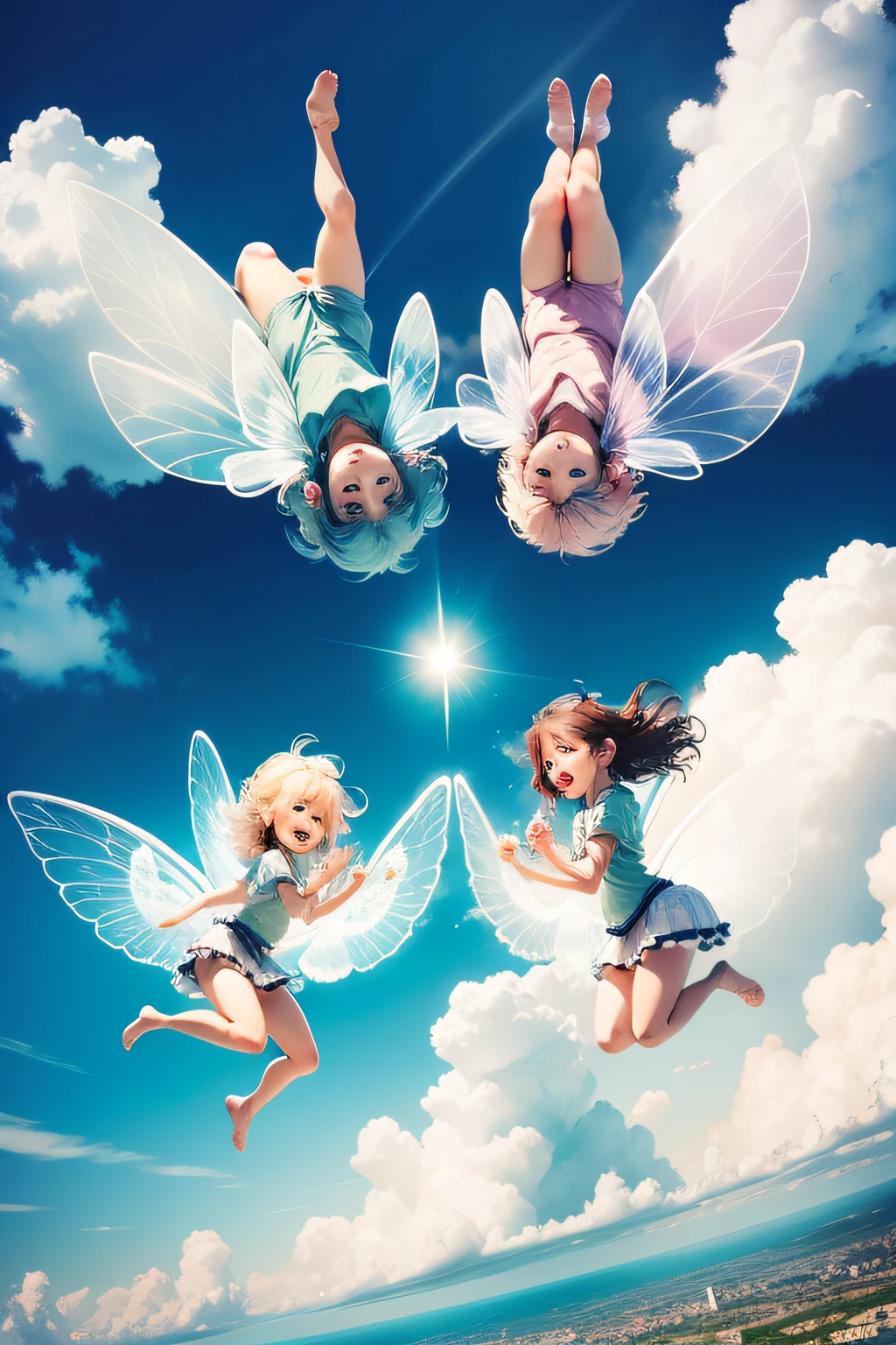 four adorable little cloud fairies giggling and playing together, in the sky, cartoon