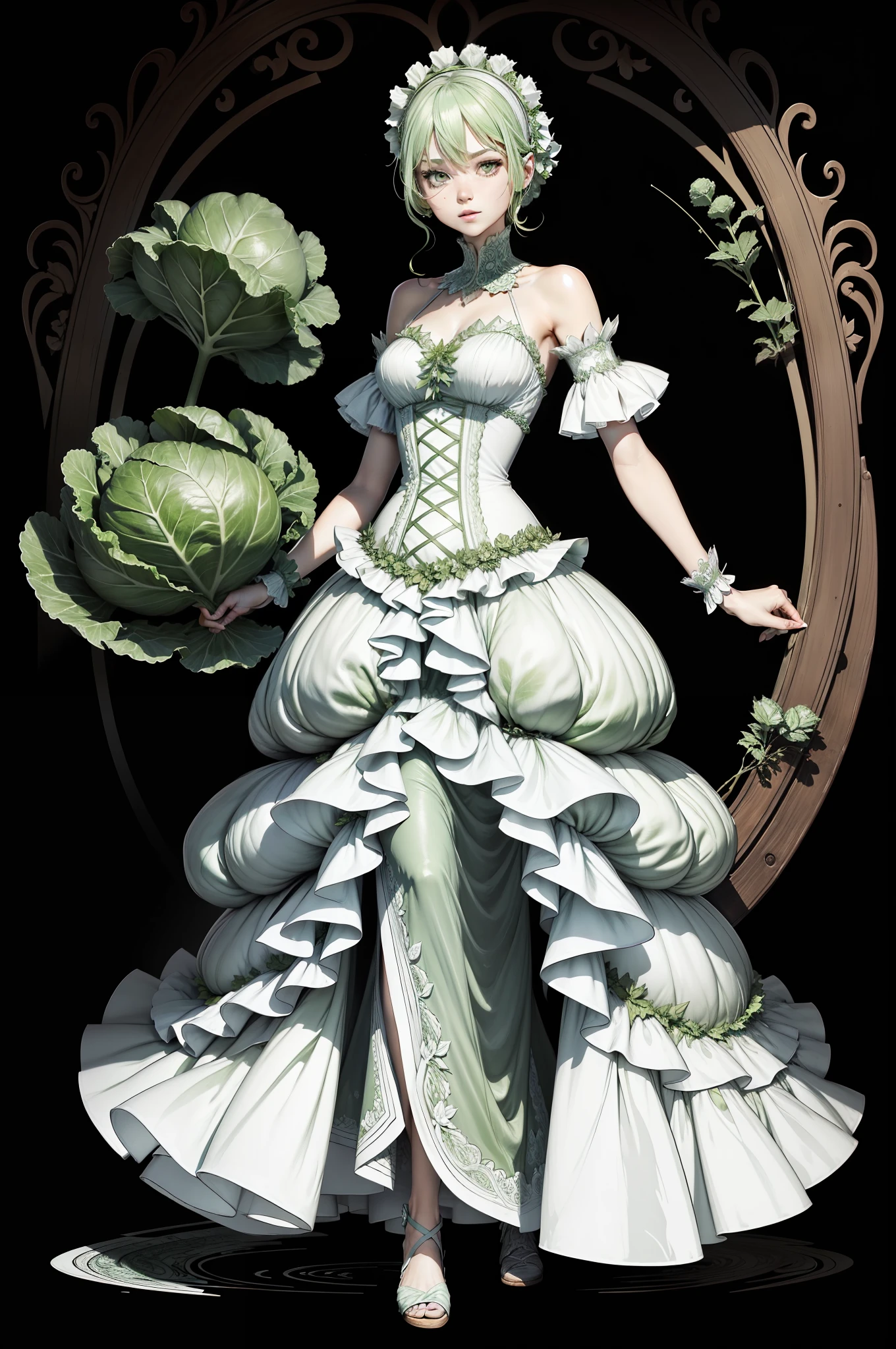 Mix with people and cabbage，Draw a cabbage lady，Slim dress made of cabbage，Mainly with cabbage or transparent long dresses，Draw in comic book style，No coloring required，Pure line drawing