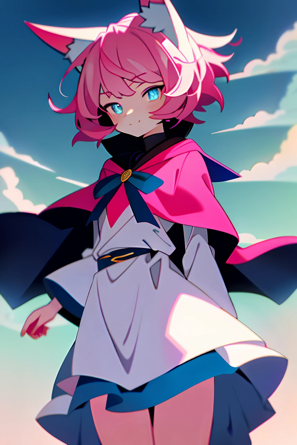 tmasterpiece,A high resolution,best qualtiy,1girl solo,pink short hair,fox ear,Blue pupil,ssmile,brown cape,Blue and white sailor suit。