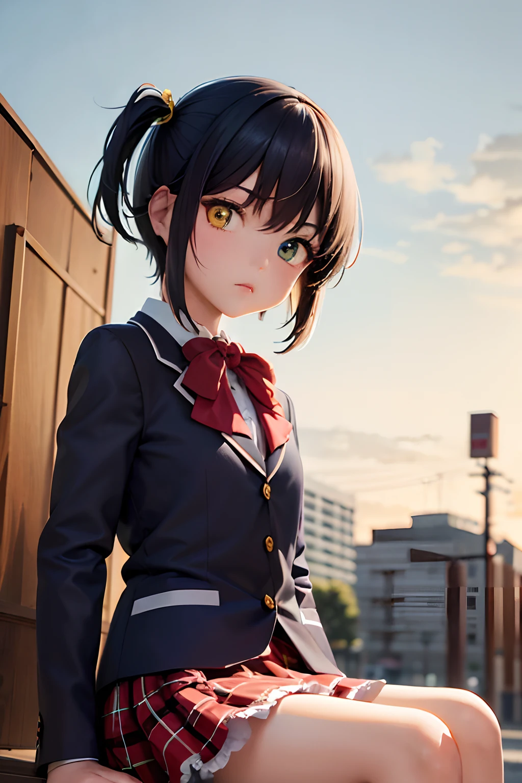 (Masterpiece, Best quality:1.2), Cowboy shot, Solo, 1girll, Takanashi Millionaire, Expressionless, Closed mouth, view the viewer, Sitting, one side up, Heterochromia, Yellow eyes, Blue eyes, school uniform, Jacket, plaid skirts，mature