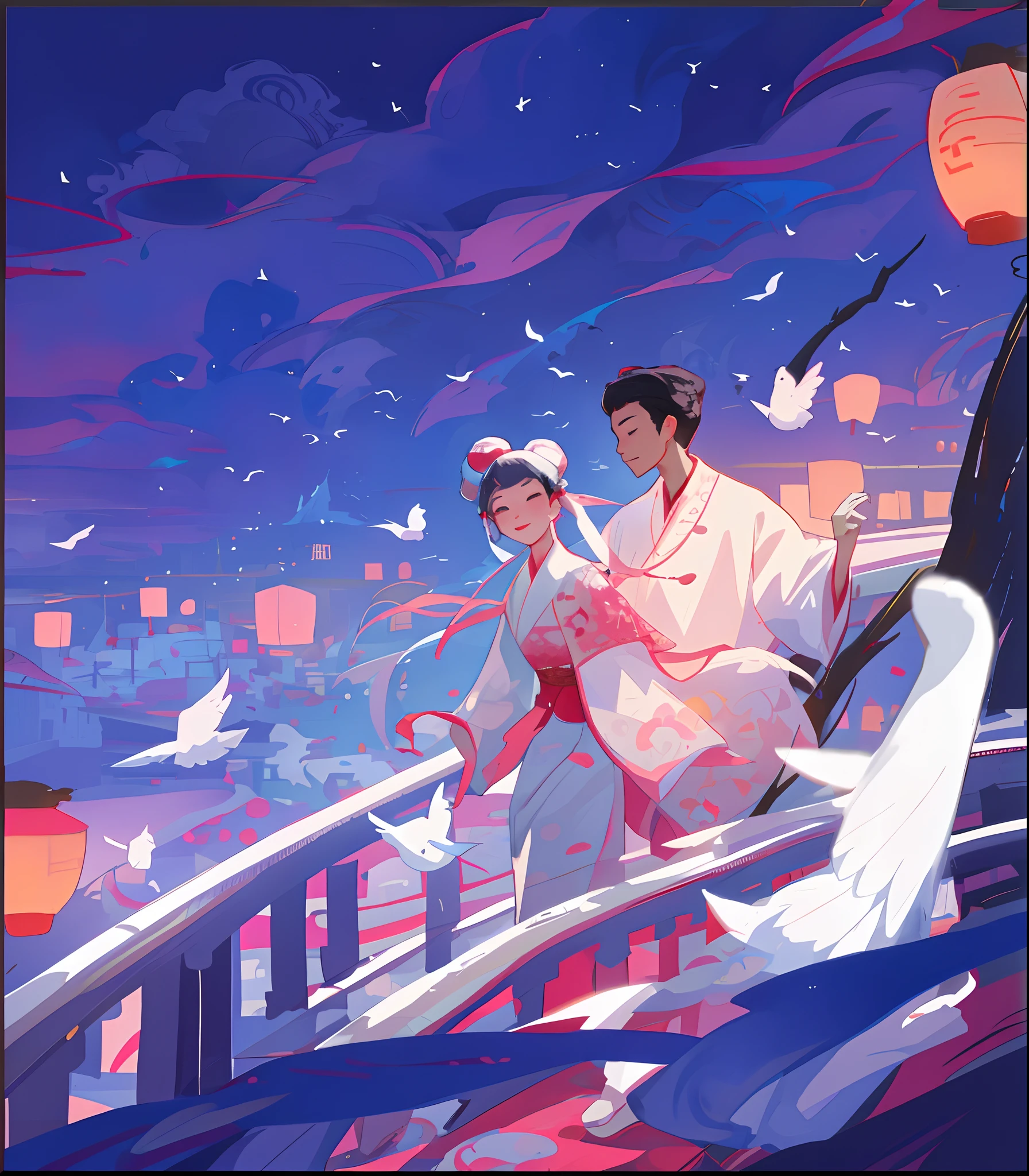 A man and a woman holding hands，Walk on the bridge，Surrounded by birds and Chinese lanterns，chinese ancient costume,（hair-bun） official fanart, Inspired by Disney, Beautiful chinoiserie illustration, , boy girl traditional romance，8K，high qulity