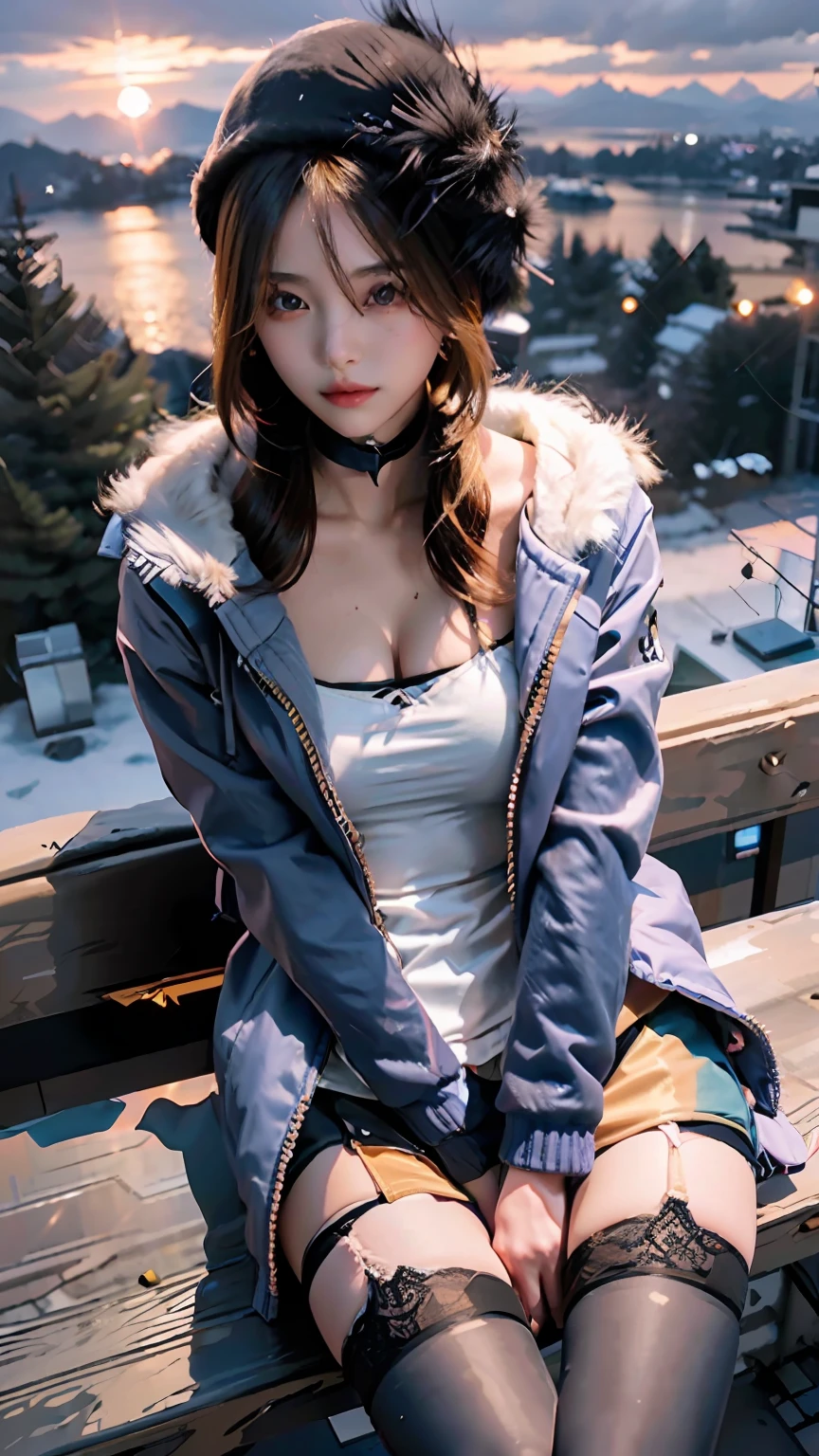 (1girl, young beauty, winter jacket, thighhighs), sitting, from above, sharp focus,
,((sunset)),volumetric fog, outdoors,