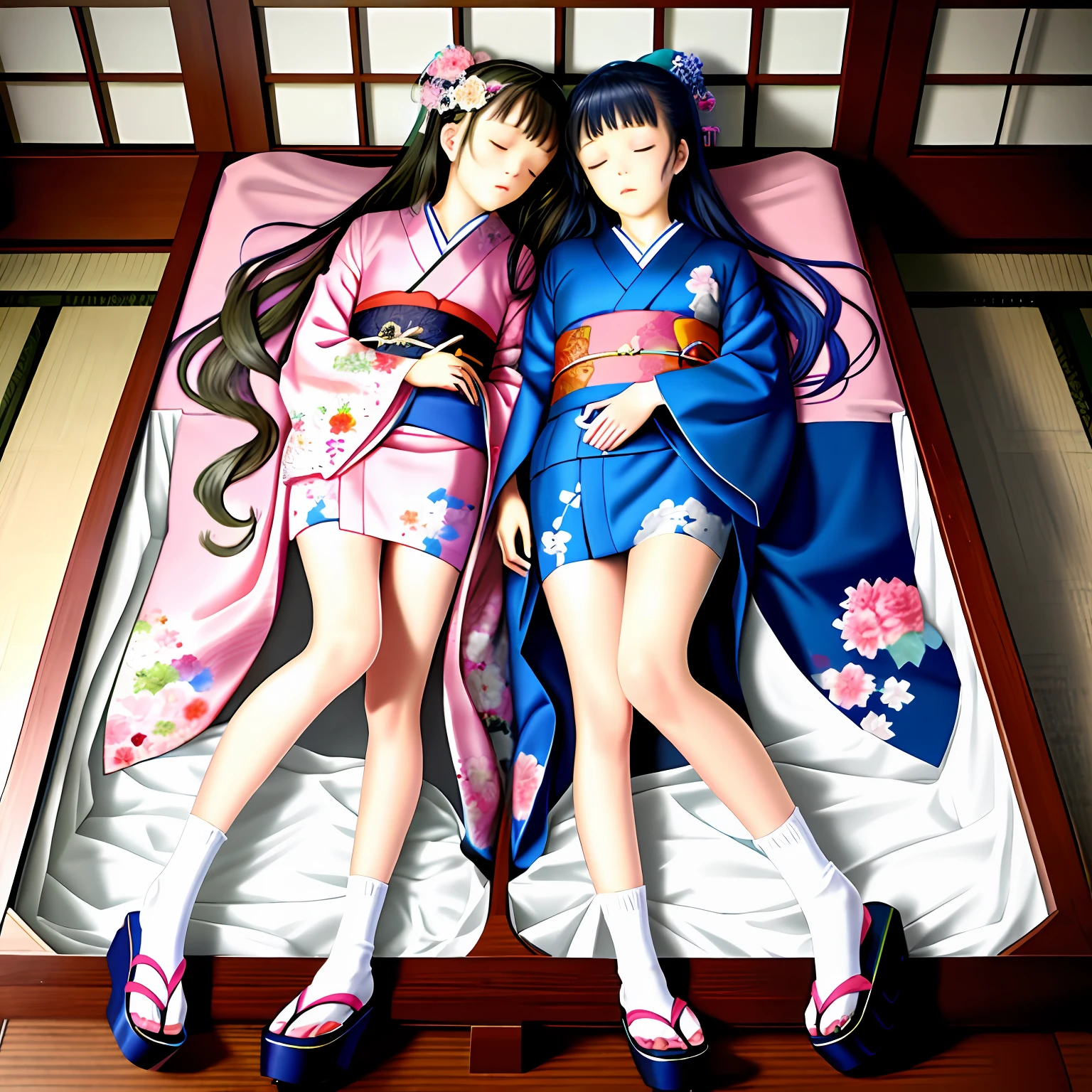 Beautiful twin sisters sleeping in a coffin,Japan kimono,Sister in blue,The younger sister wears pink,White cotton socks,clogs,Real Human,serene,florals,Royal Sister,A masterpiece of surrealism,Cute, Perfect body, Perfect hair, In the mansion, 8K, fold hands to chest,Detailed and Intrincicate,long leges