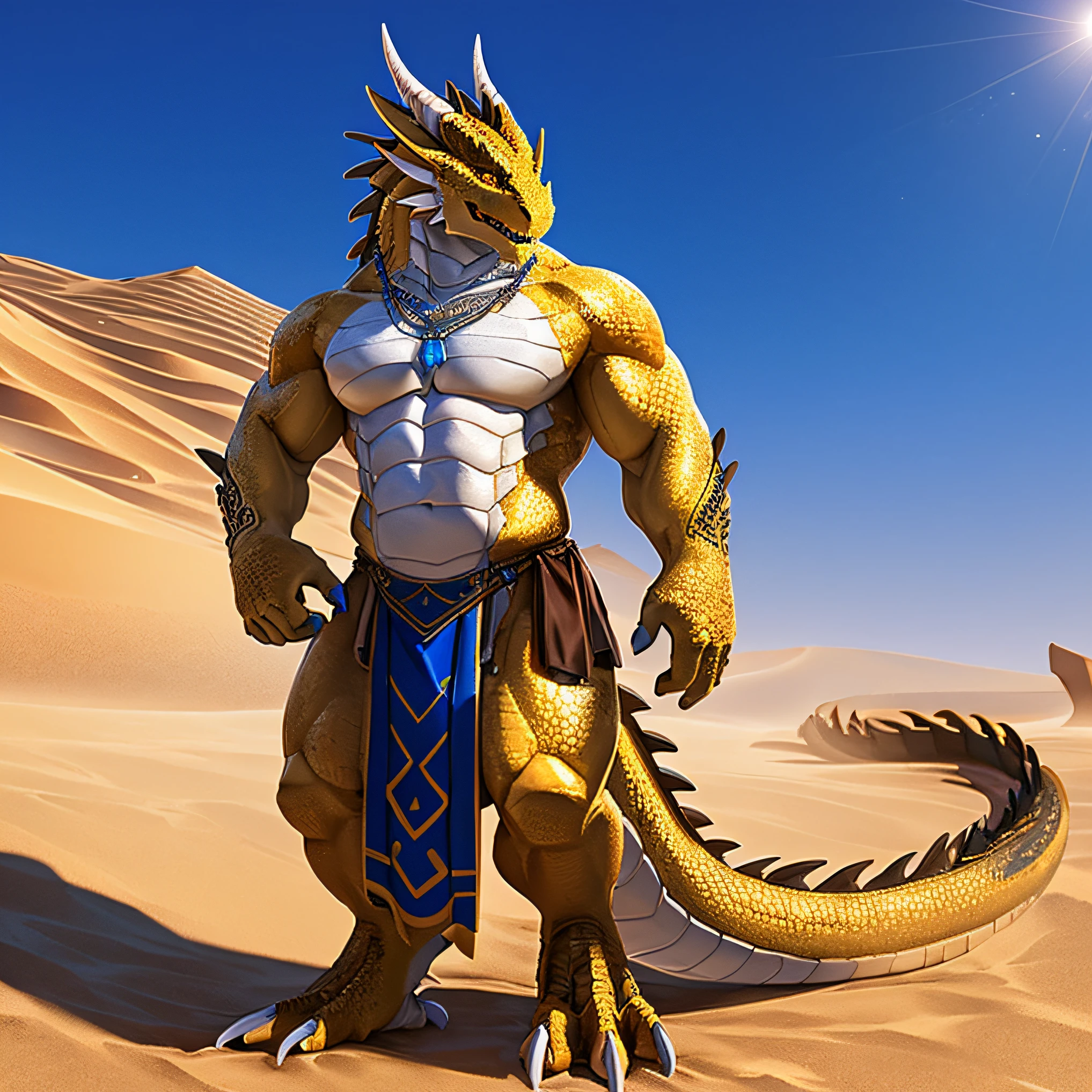 A high resolution，anthro dragon，Fine scale texture，musculous，Golden scales are dotted with black scales，White belly，Wingless，Blue needle-like pupil eyes，shyexpression，Beckoning gestures，banya，sharp talons，coda，In the daytime,Wear a long yellow loincloth，Wear a blue necklace，Desert background，Stand on the dunes，sandstorms，Dust，thermography，独奏，8K masterpiece，Best quality at best, The is very detailed, Be expressive, Epic setup, The is very detailed, photography of, Cinema lights, Complicated details, depth of fields, Background bokeh，Full body photo