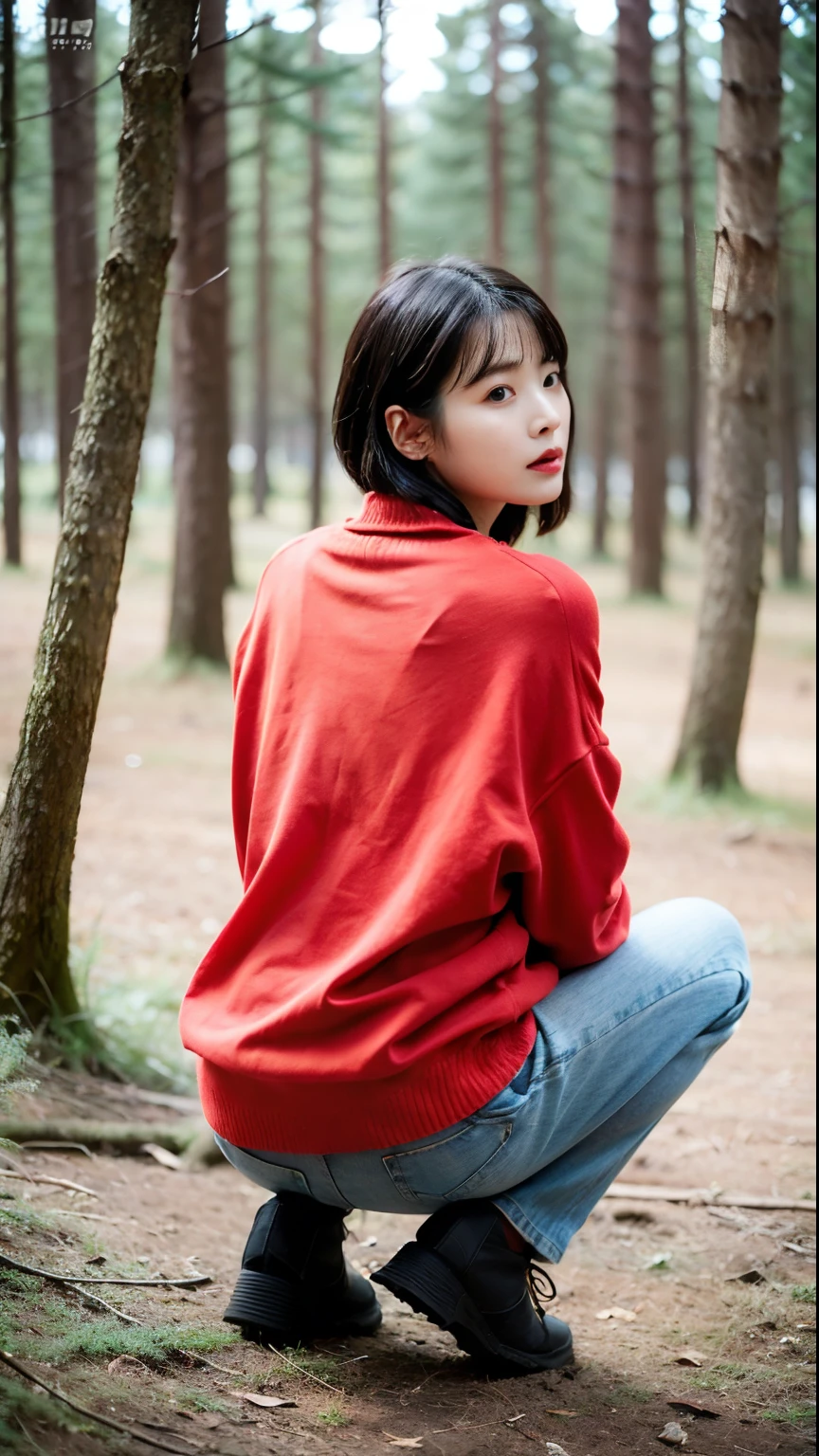 (best qualtiy,8K,32K,tmasterpiece,hyper HD:1.2),1girll,Beautiful Chinese woman,a narrow waist,Red sweater,long skirt,Squat,from back,ln the forest,Under the trees,(stick out buttocks:1.5),详细的脸,short detailed hair,