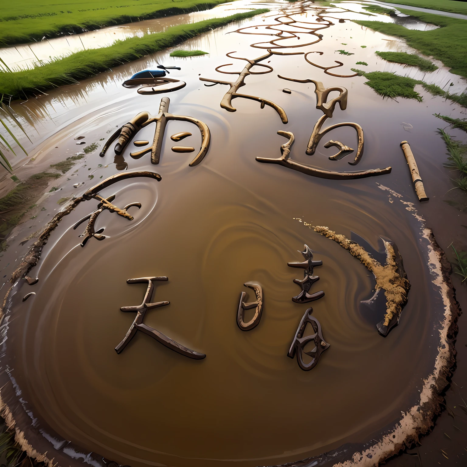 after the rain, the muddy field is full of water puddles