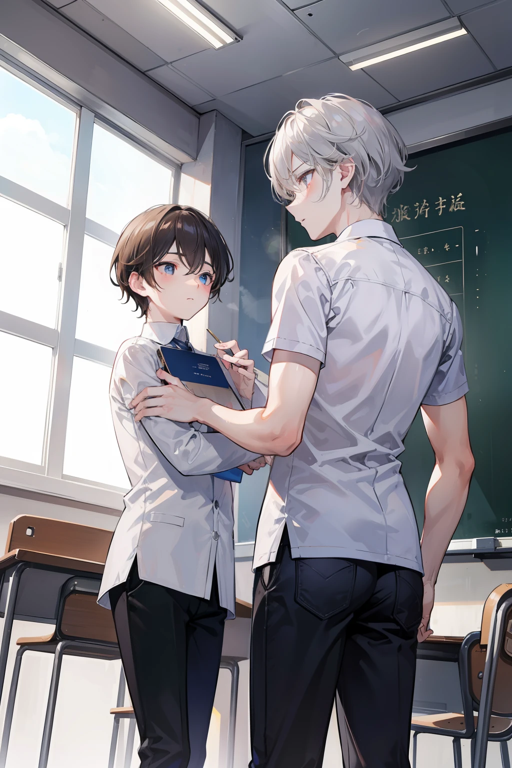 Two , Silver-haired boy and brown-haired boy, Talking、Empty classroom、Boys Love、hight resolution、ultra-detailliert