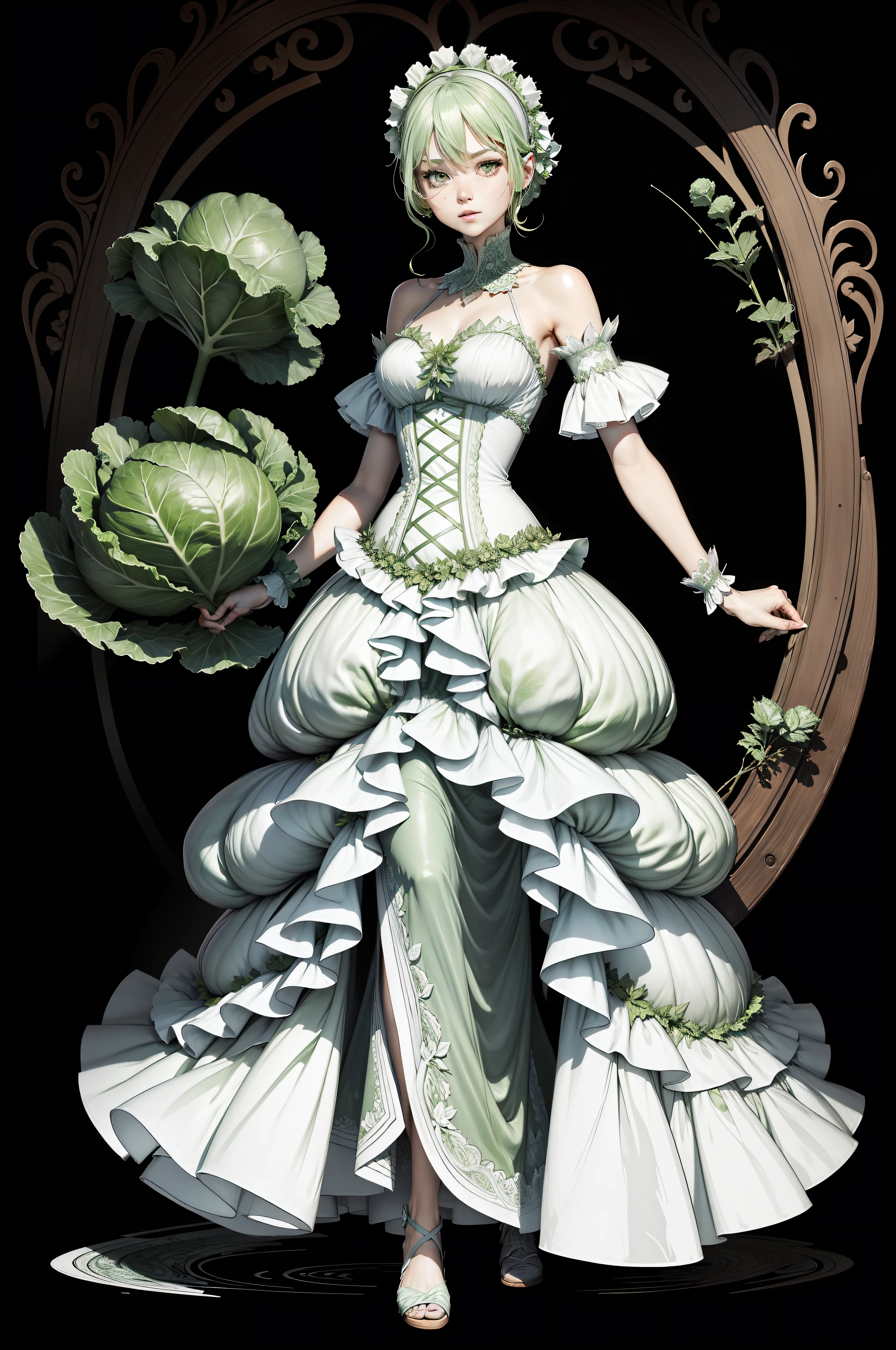 Mix with people and cabbage,Draw a cabbage lady,Slim dress made of cabbage,Mainly with cabbage or transparent long dresses,Draw in comic book style,No coloring required,Pure line drawing