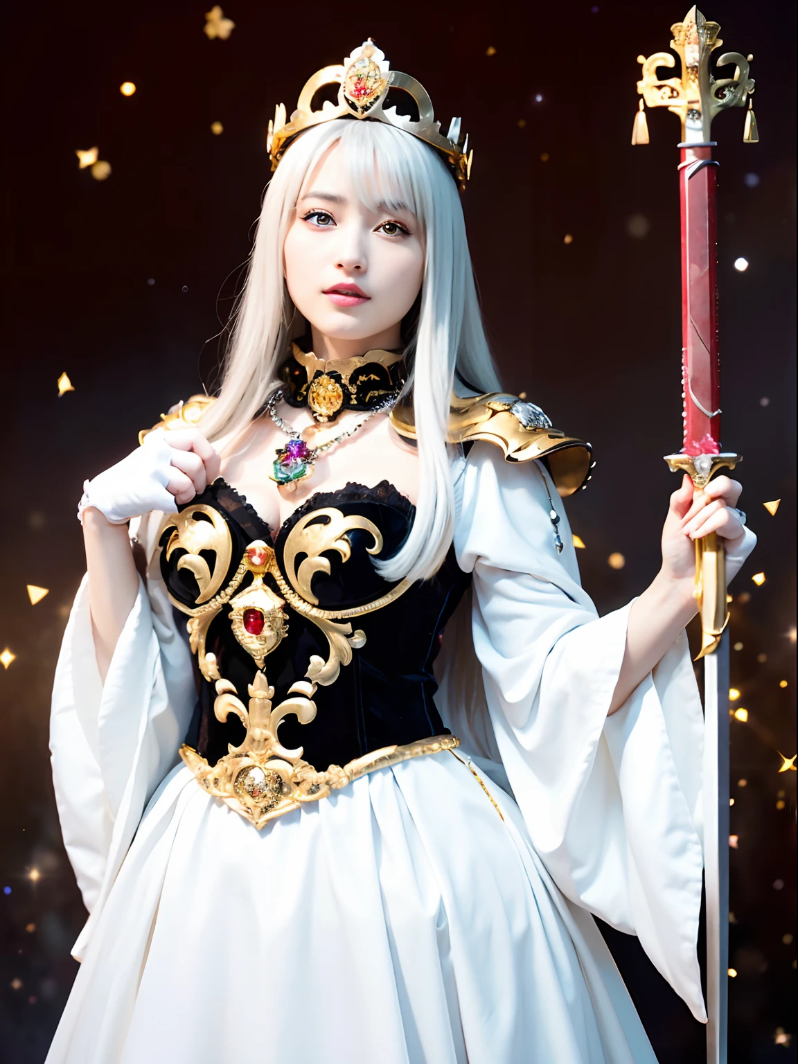 (masutepiece), Professional , masterpiece、top-quality、photos realistic , depth of fields (Gemstone Silver Metal Body:1.9),(Matte White、Jewel Gold Weapon(Jewel Metal Body:1.4),Gorgeous metal weapons , Detailed Sword of the Brave , Beautiful knife ,warhammer 40k , adepta sororitas,(Army of monsters background),Detail and ornate jewel crown、Black hair、Gangle's forest background、Beautiful Caucasian beauty、1a person、dynamic ungle,(((Detailed and ornate diamond crown)))、Smaller head、A smile、Take a sexy pose、Background inside the castle、Thin and beautiful female hands、