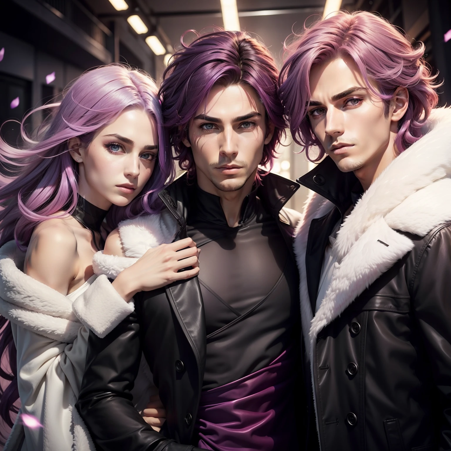 Hair to the shoulders Smoky pink hair color Purple eyes Straight hair drooing eyes Young adult males gentle elegance Black long coat with white fur Raised eyebrows