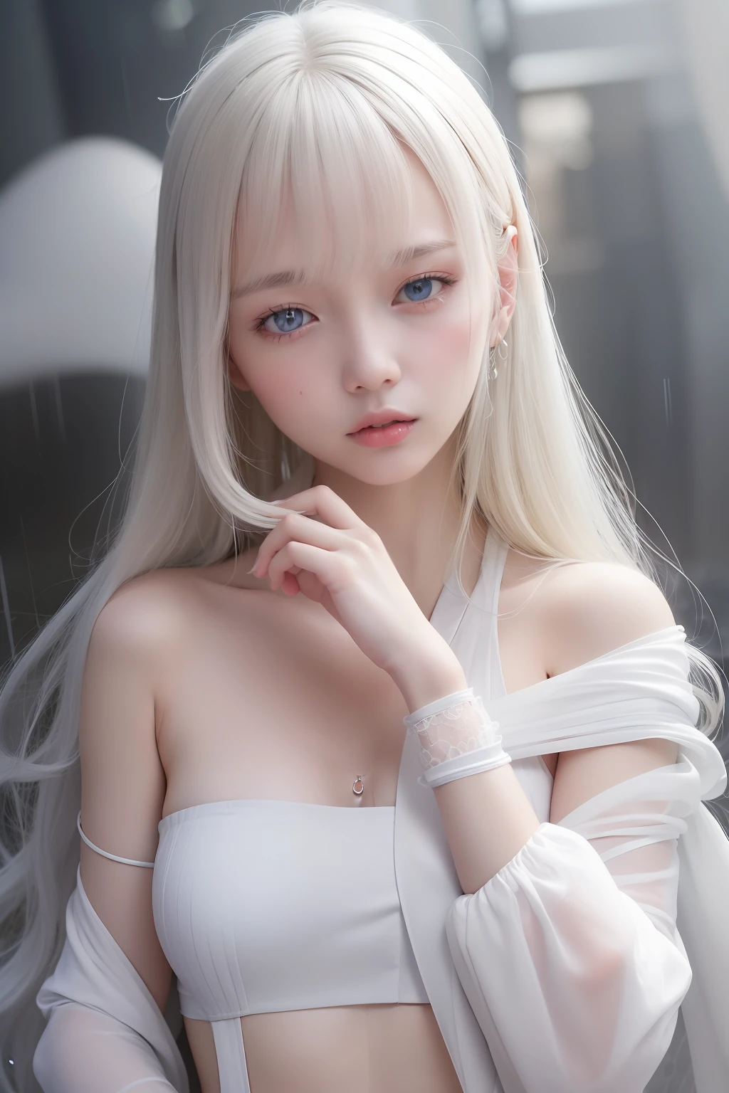 ((ciinematic light、top-quality、8K、masterpiece:1.3))、1girl in、Beautiful woman with slender abs:1.4、(Ted gray hair)、seductive open lips、hyperdetailed face、A detailed eye、二重まぶた、Portrait of a girl、Photo of a cute Japanese woman、White hair、red-lips、top-quality, masterpiece, one shot, White hair, blue eyess, rainy street, rain drops, portraitures, Hair flapping, wet face, wetting hair, white shirt, Oversized coat, medium shot、de pele branca、Real human skin、(A detailed face)、oval-face、pores、超A high resolution、女の子 1 人、Slimed、Highly detailed facial and skin texture