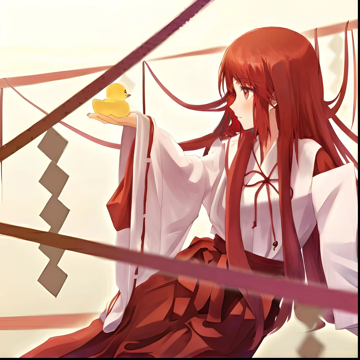 Red-haired anime girl holding little yellow duck in her hand, kurisu makise, flowing hair and long robes, makise kurisu, kurisu makise steins gate anime, Anime girl with long hair, inspired by Nishikawa Sukenobu, shuushuu anime image, Anime goddess, anime style like fate/stay night
