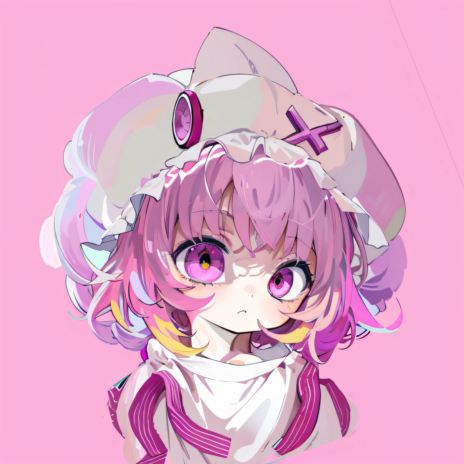 Anime girl with pink hair and white hat, anime moe art style, humanoid pink female squid girl, from touhou, shalltear from overlord, gapmoe yandere, big pink eyes, touhou character, anime art style, Anime Stylization, cute anime face, cute character, (Anime girl), made with anime painter studio, pink face