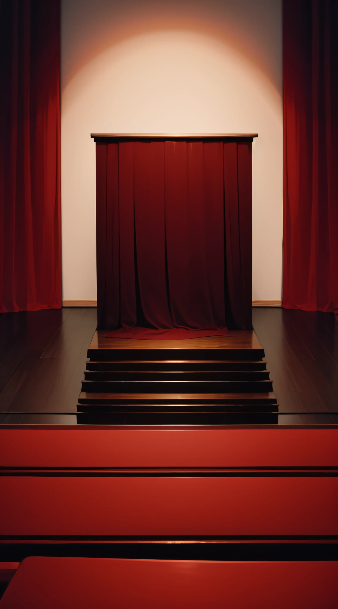 Reclining wooden podium，There were no items on the podium，Behind the podium was a dark red curtain