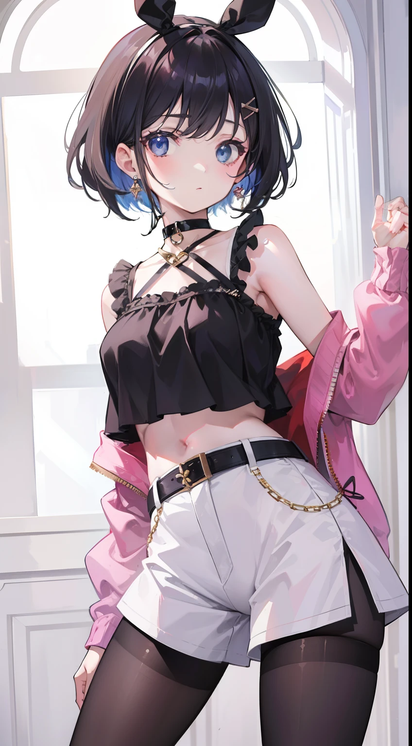 masterpiece, best quality, adorable girl, hair ornament, crop top, short shorts, pantyhose, leg belt, ribbon_choker,