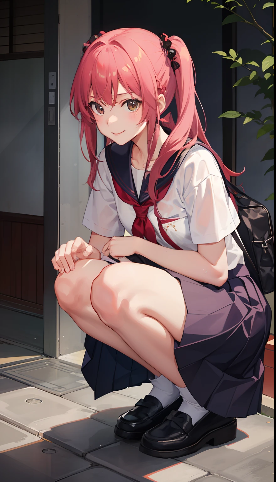 1girl in、A smile、The shirt、skirt by the、(small tits)Chilarism、Japan High School Student Uniform、serafuku、summer clothing、Squall Drenched Uniform、(Sheer Bra)、Upper body portrait、Squatting panchira、