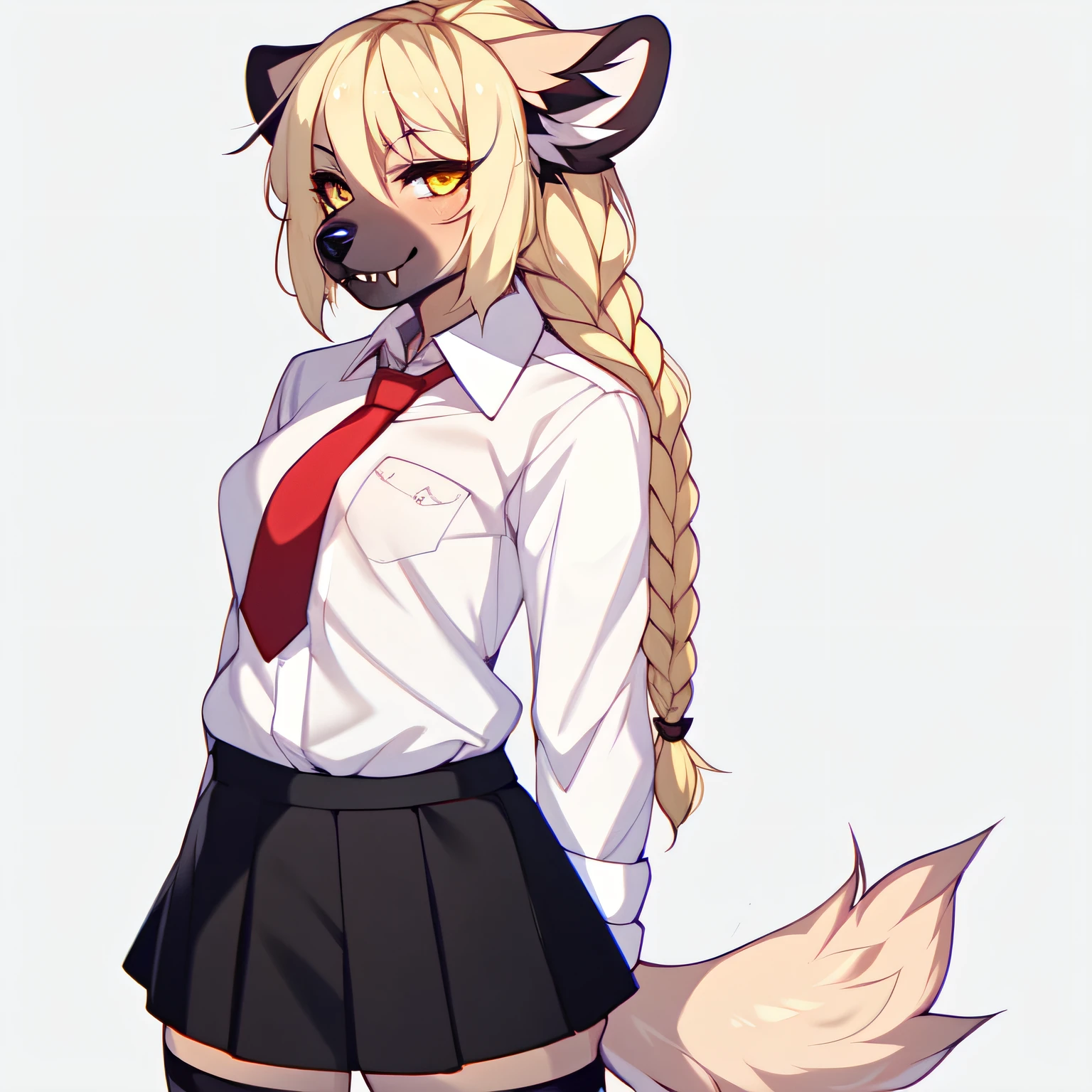 (By hyattlen, by fumiko, by claweddrip):1.2, solo, )cute light tan spotted hyena girl), (spotted_hyena:1.1), female, (fluffy_cute_dark_brown_ears:1.1), (tan_body:1.1), black nose, yellow eyes, (cute_snout), fluffy blonde tail, long_bangs:1.1, long blonde hair, french braided hair, visible fangs, small_breasts, wearing white button up shirt, red tie, black skirt, combat boots, standing, neutral pose, no background, white background
