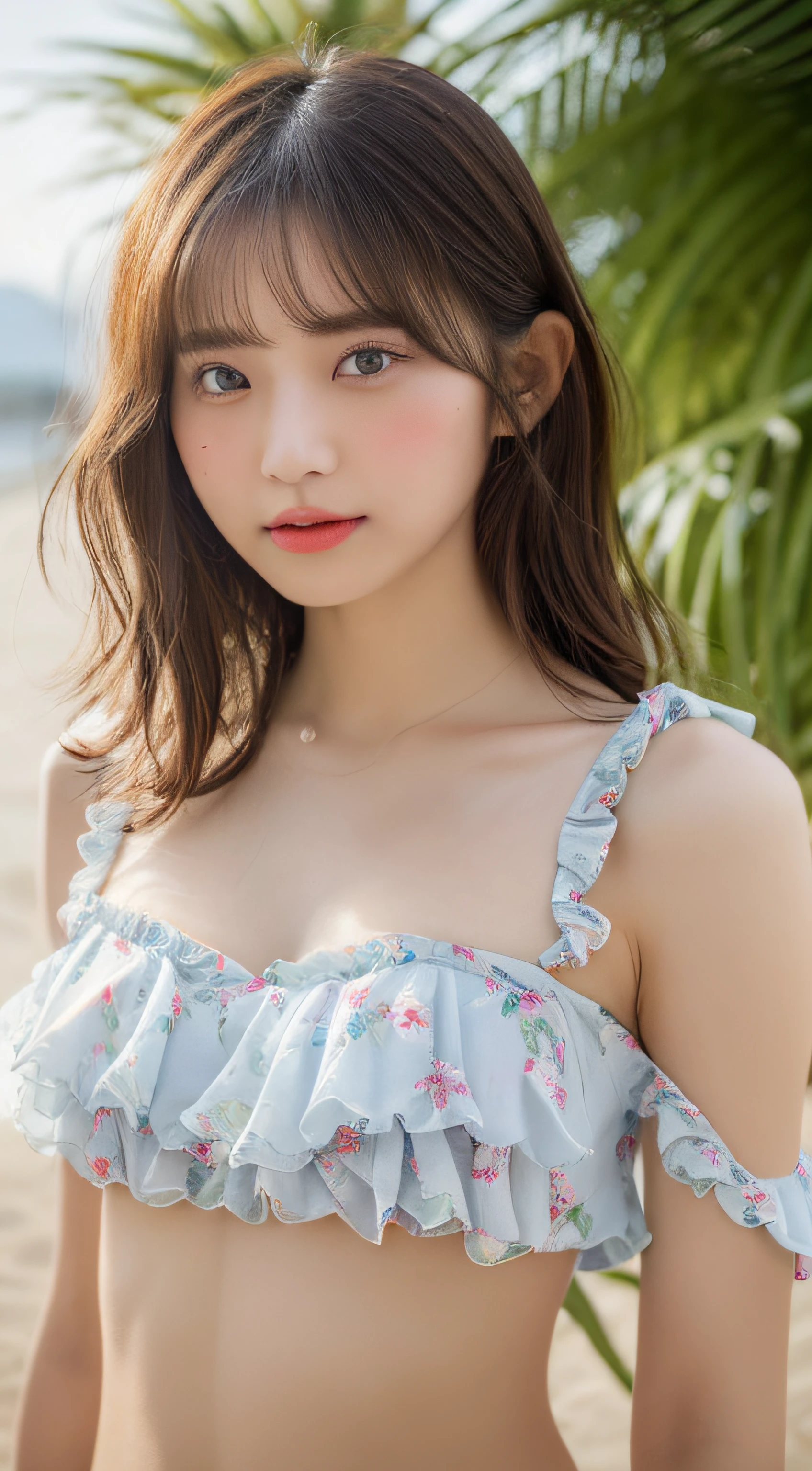 Highest quality,8k,High definition,Cute like a little sister,Beautiful face like an actress,18-year-old,With bangs,,Smile,Brown Hair,Semi-long hair,(Small breasts:1.3),White floral dress,mini skirt,Strong winds on the beach